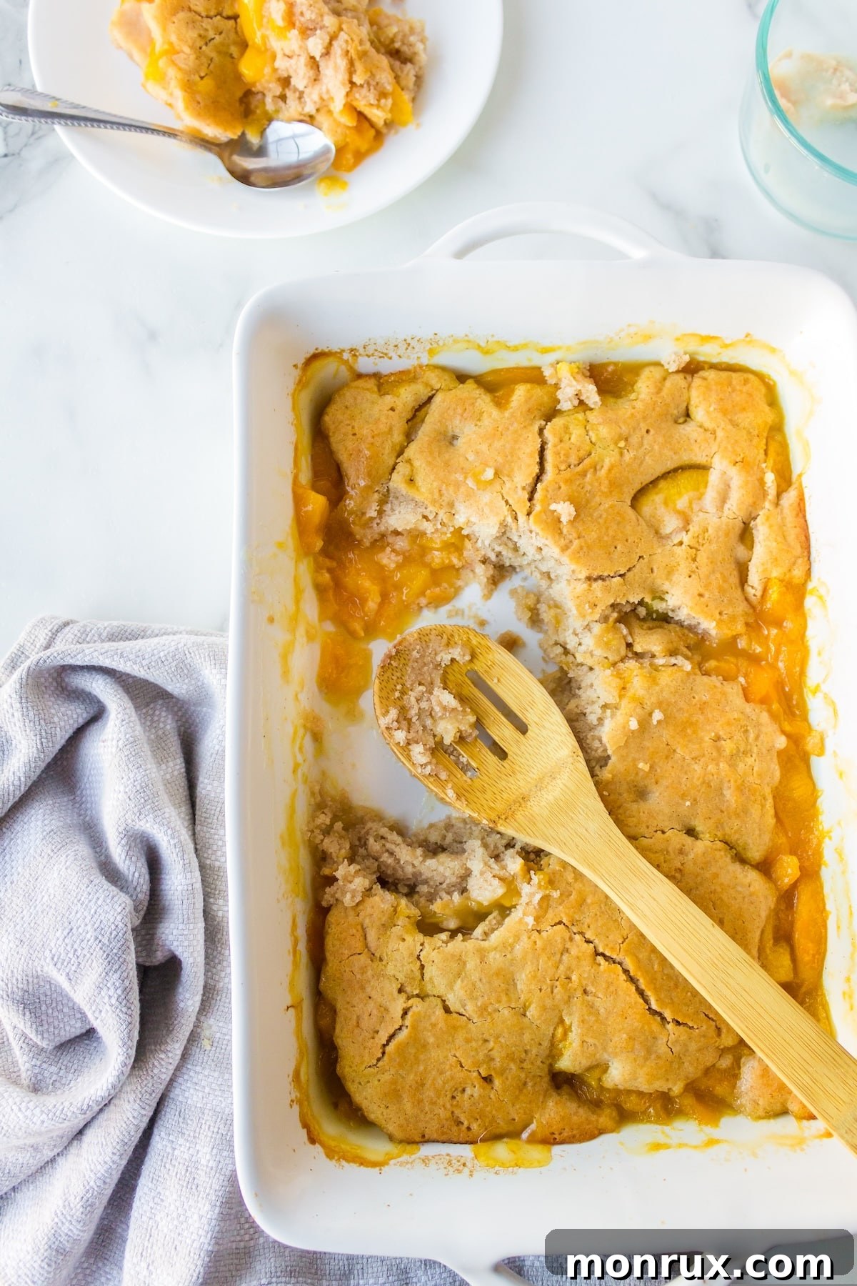Step four: a freshly baked peach cobbler cooling, ready for serving.
