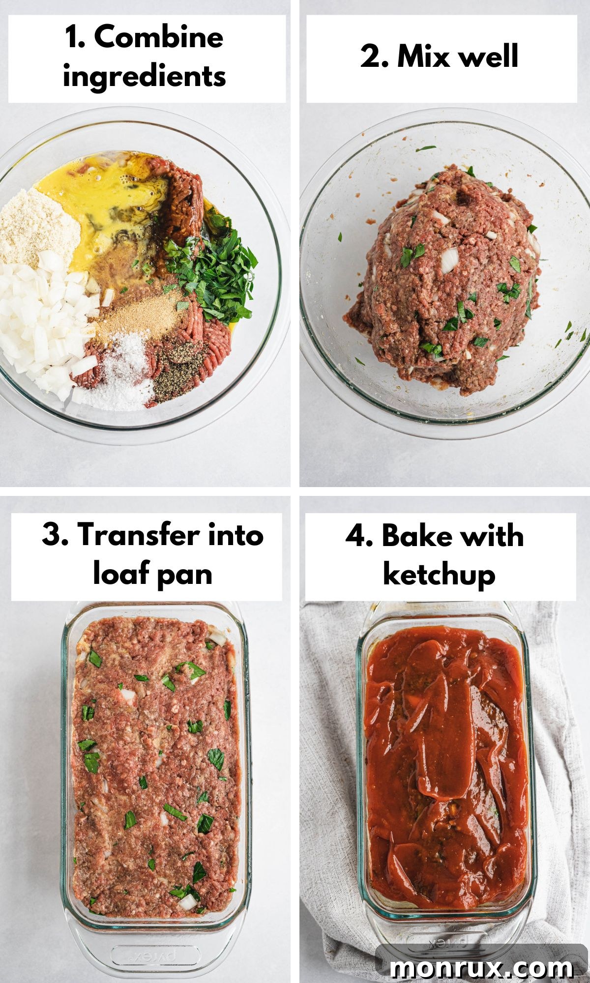 Process photos for gluten free meatloaf without breadcrumbs: mixing ingredients, forming loaf in pan, applying ketchup glaze.