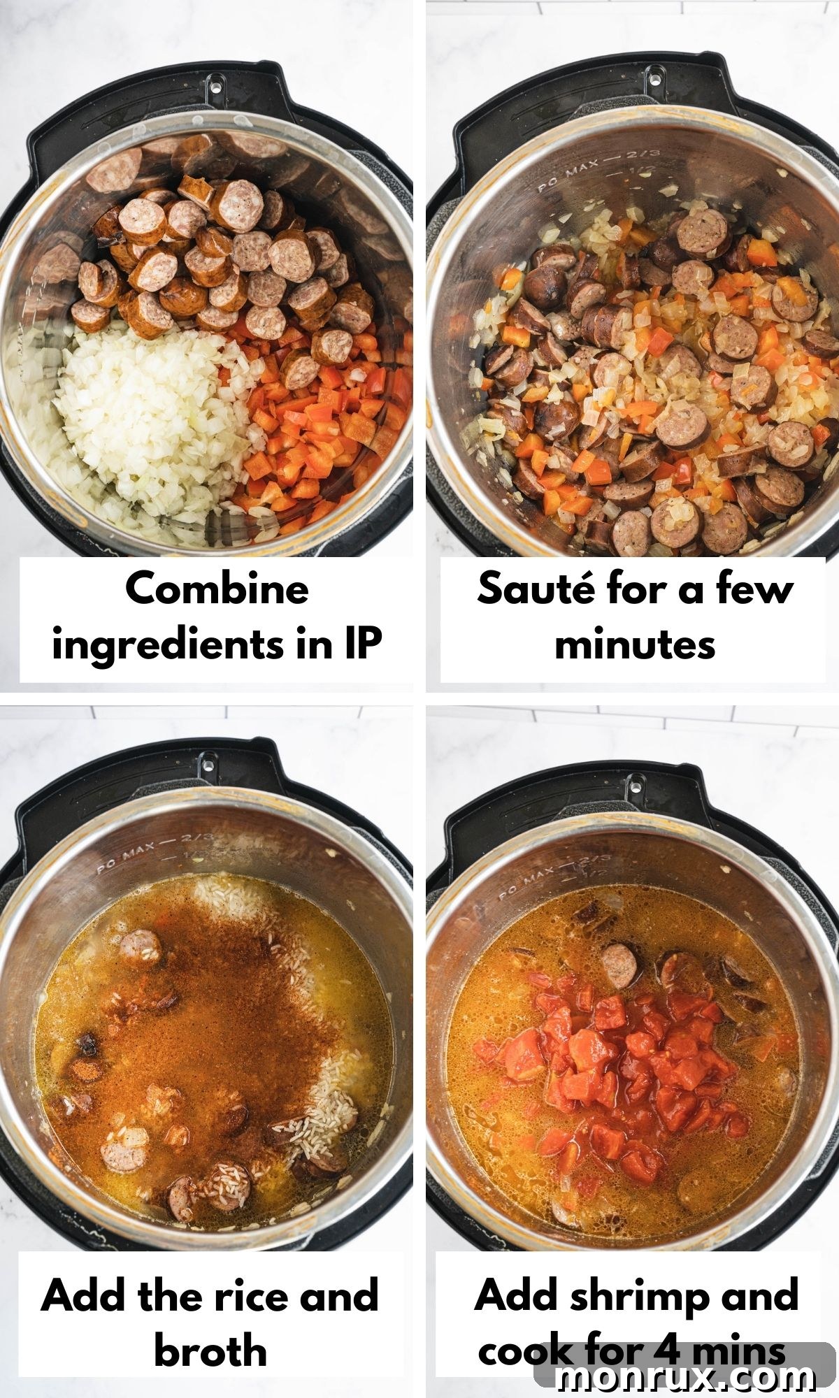 A visual step-by-step guide showing how to prepare Instant Pot Jambalaya, from sautéing to adding ingredients.