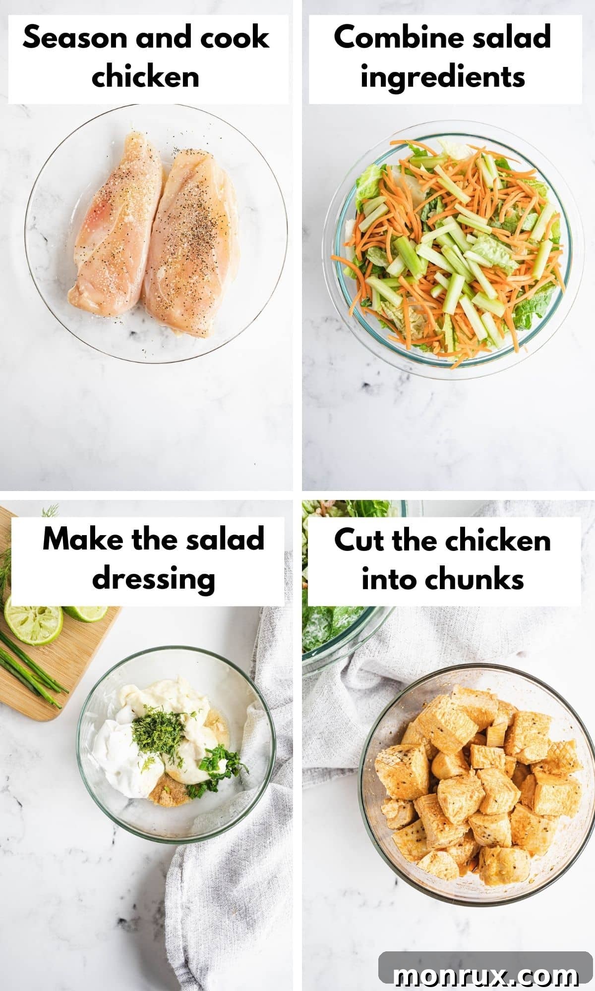 A visual guide showing the process of making Whole30 Buffalo Chicken Salad, from cooking chicken to assembling the final dish.
