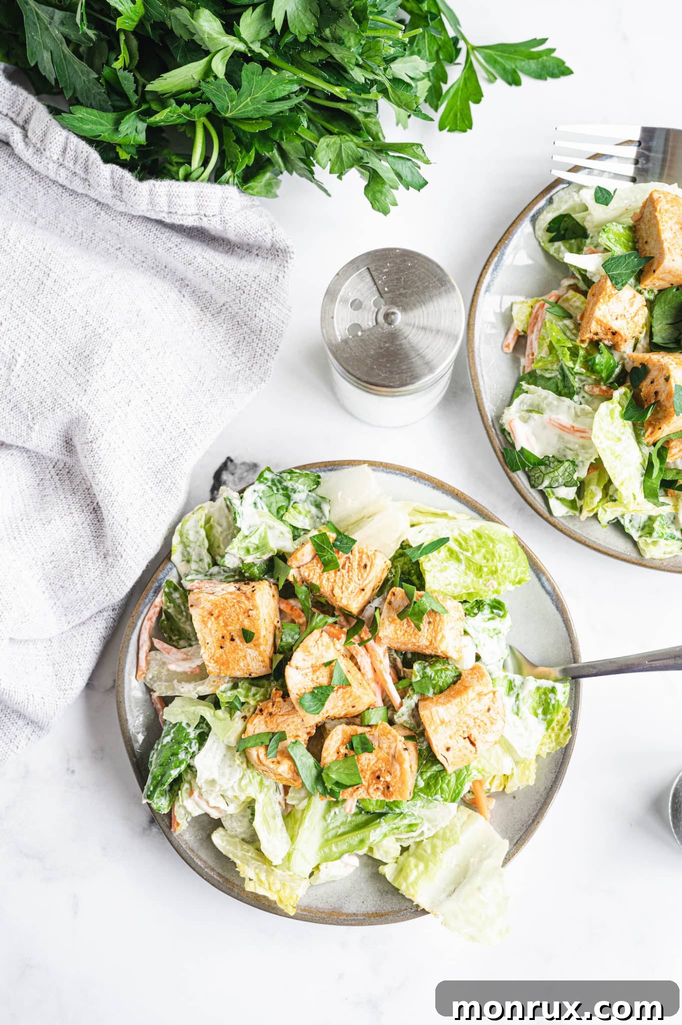 Two exquisitely plated servings of paleo and healthy buffalo chicken salad, ready to be enjoyed.