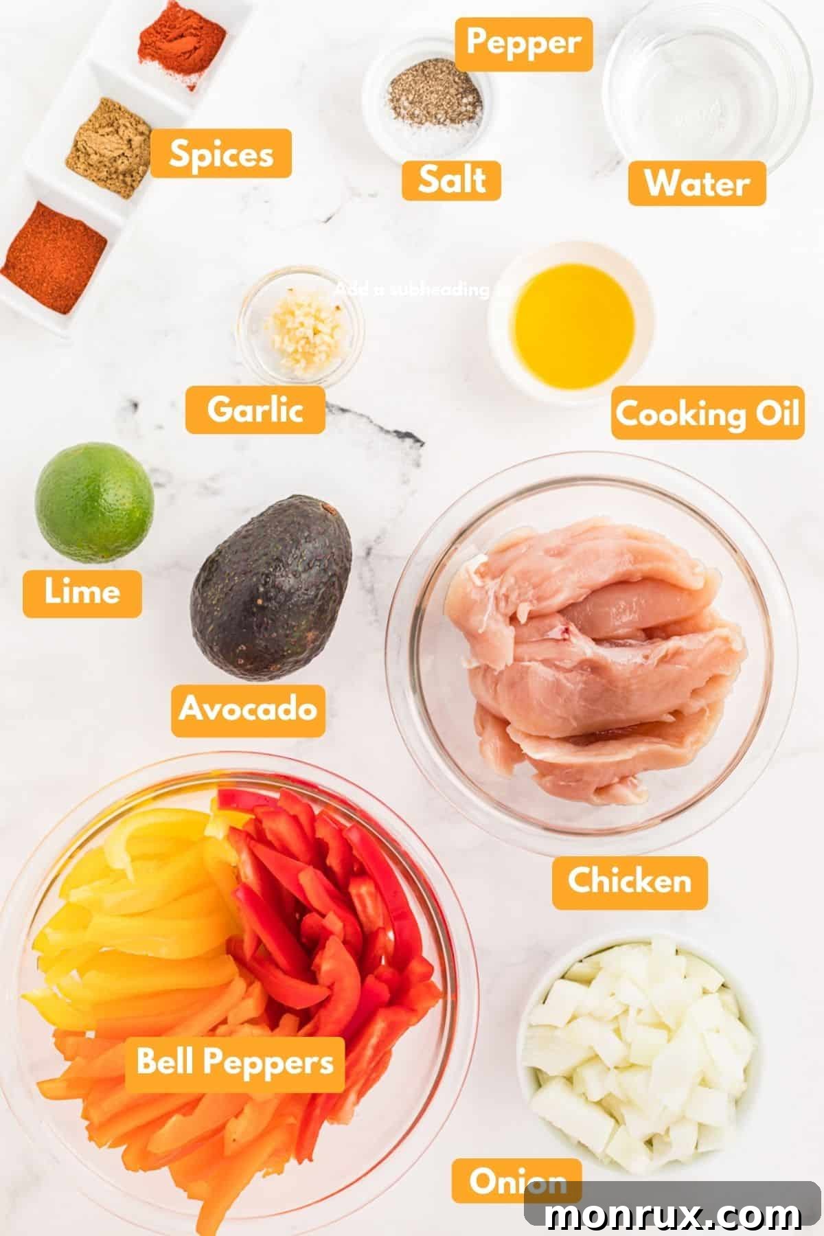 All the fresh ingredients for keto chicken fajitas laid out in bowls, ready for preparation.