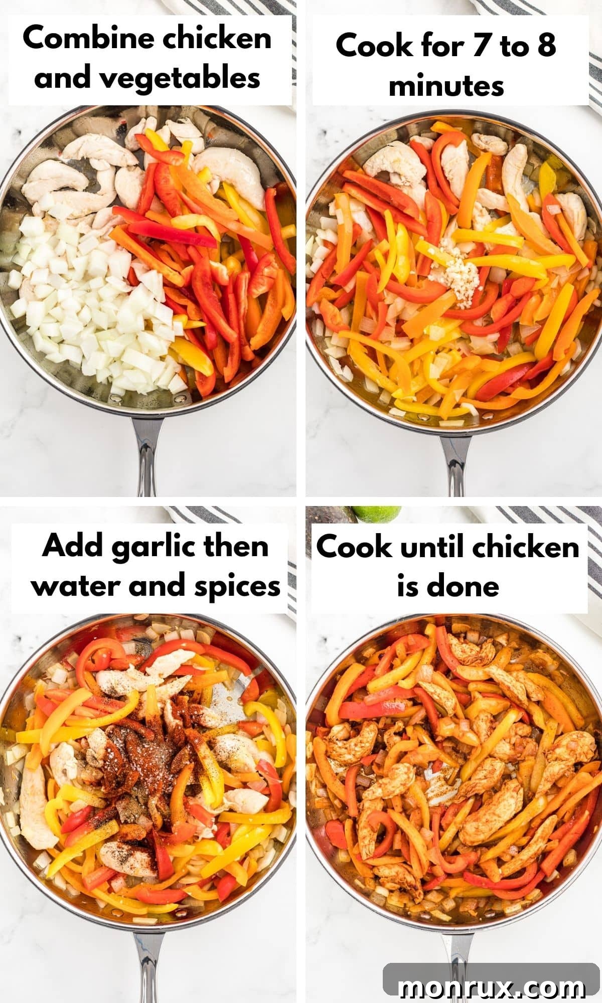 Pictures showing the step-by-step process of making chicken fajitas in a skillet.