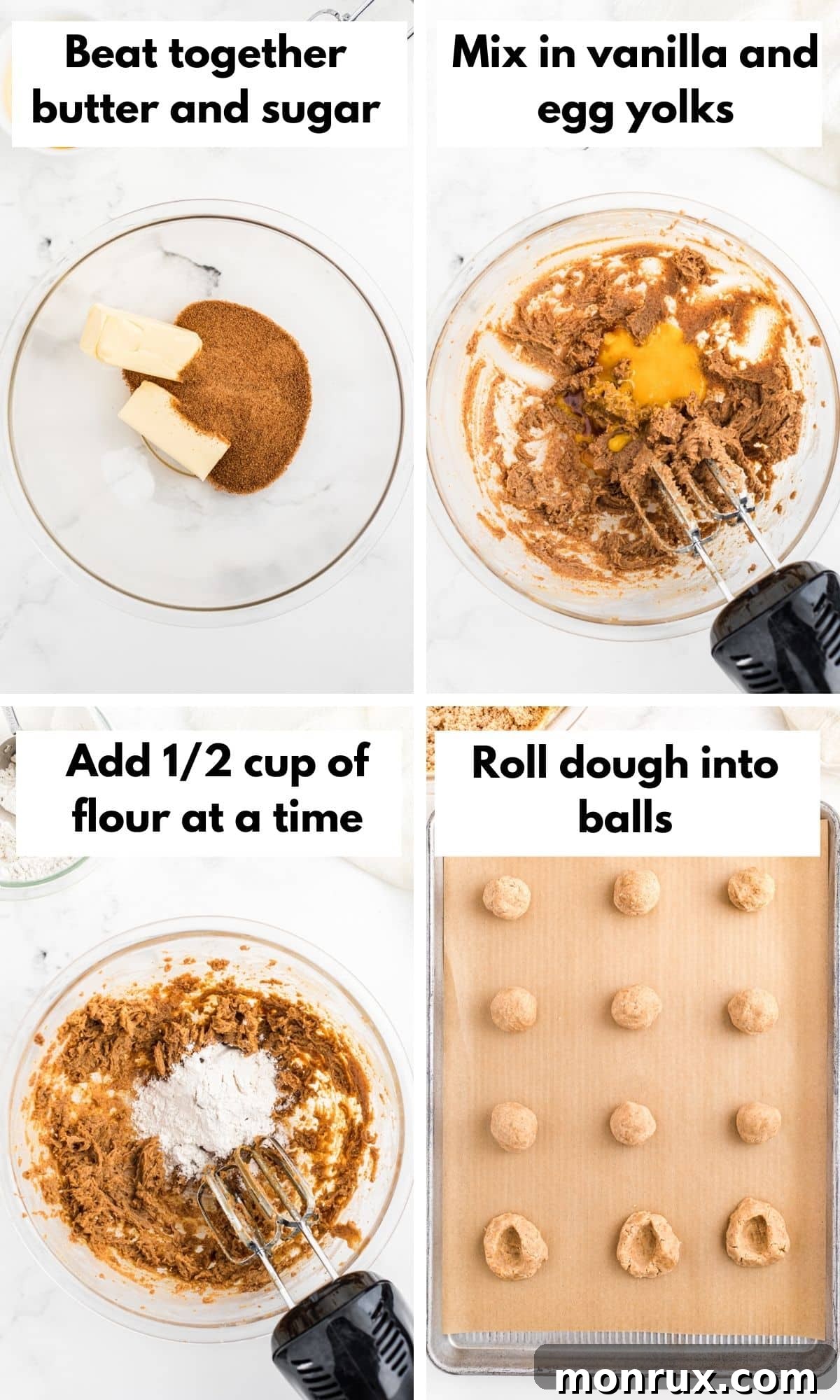 A visual guide showing the process of making thumbprint cookies, from mixing ingredients to shaping dough and filling with jam.