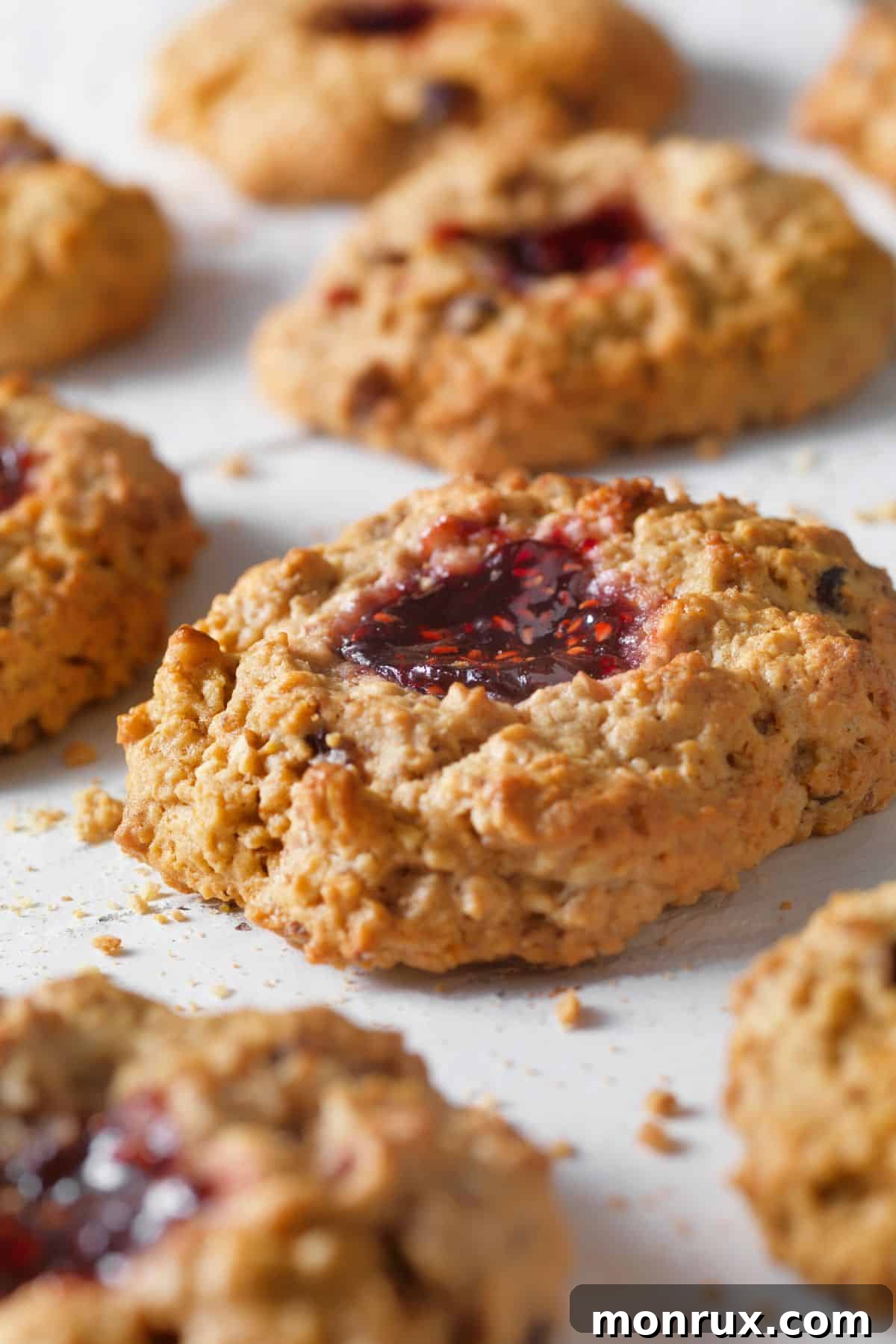 A single, perfectly crafted gluten-free thumbprint cookie, filled with glistening raspberry jam, resting on a rustic wooden table.