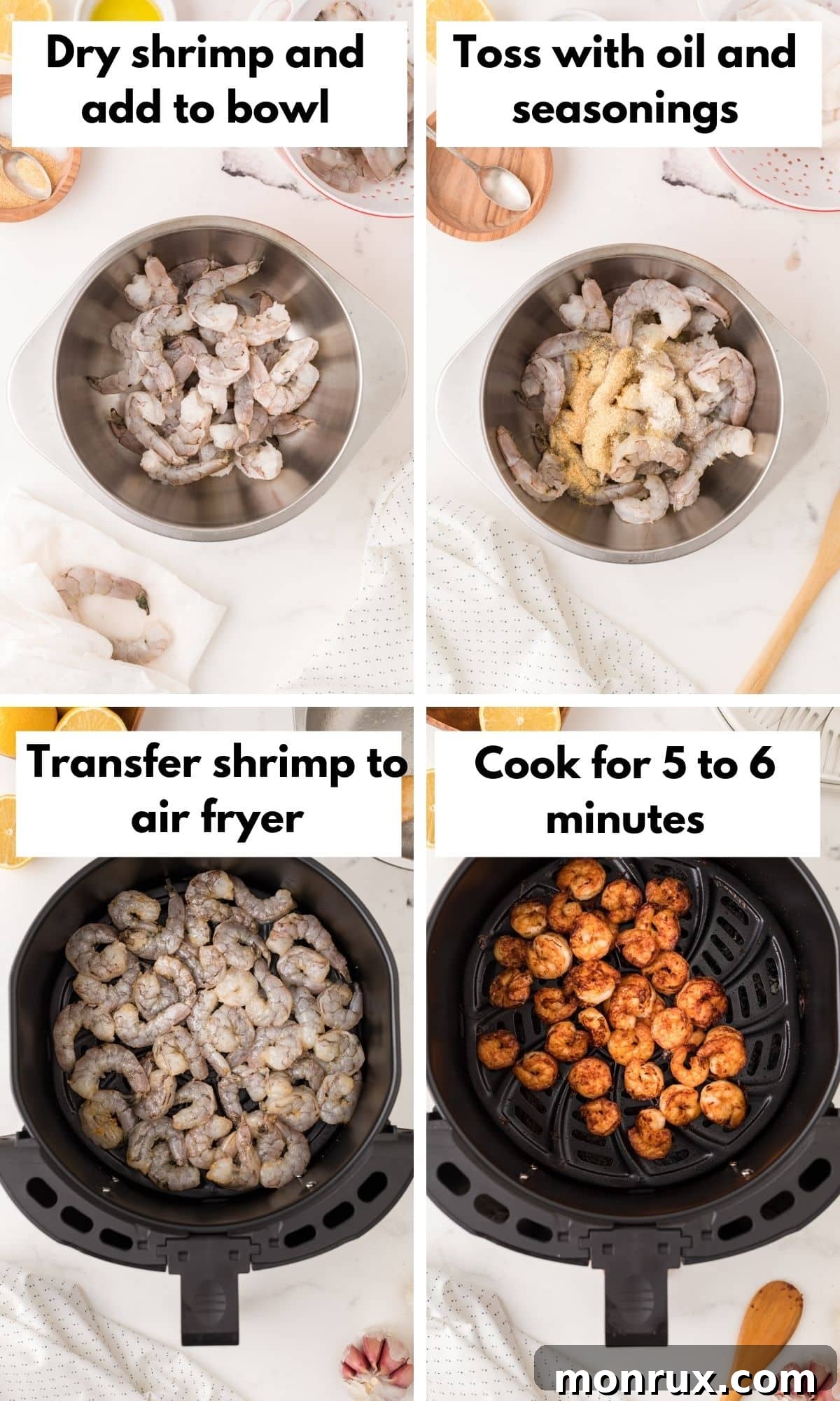 Pictures showing how to cook shrimp in air fryer.