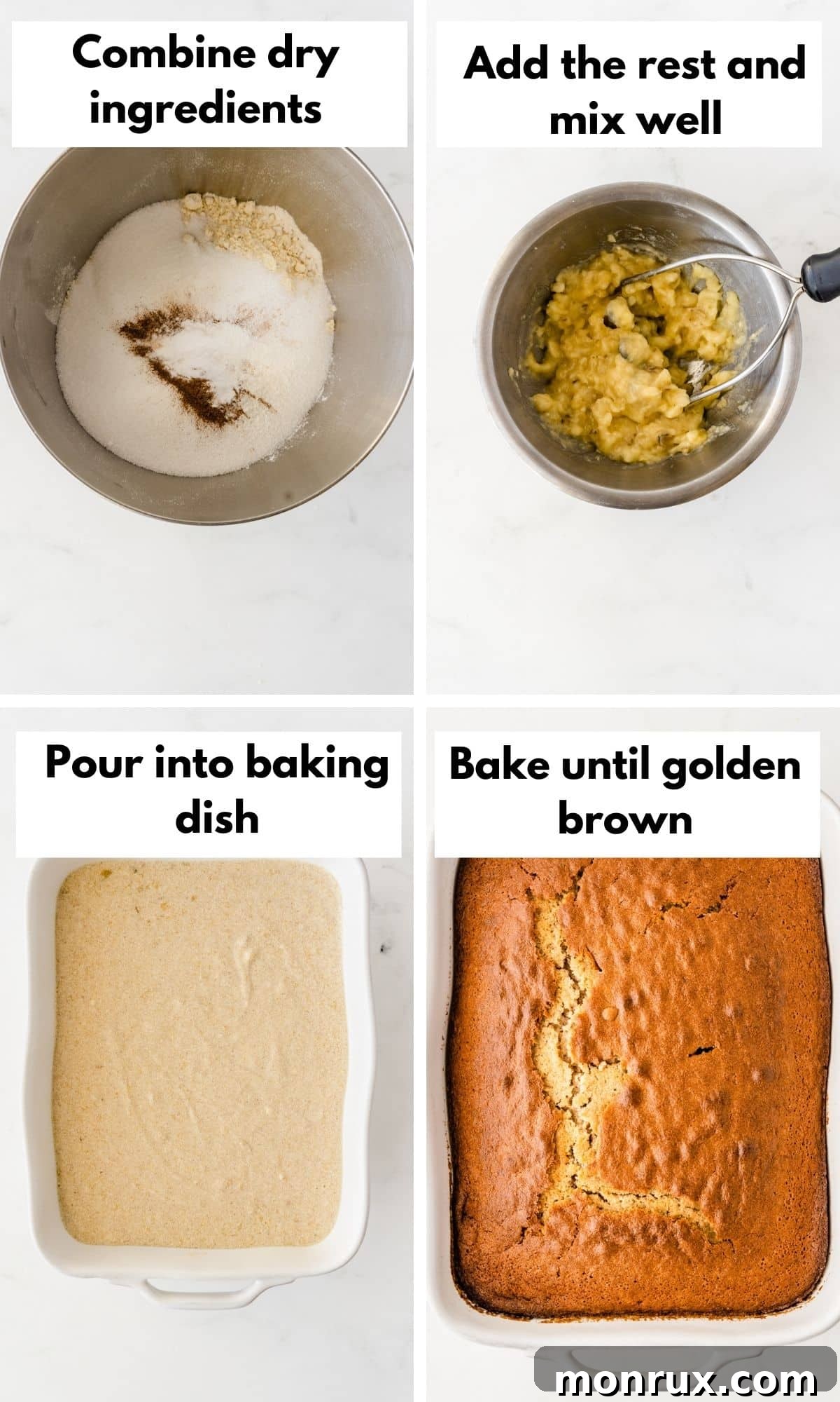 A collage of three step-by-step images showing the process of mixing ingredients and pouring batter for the banana cake.