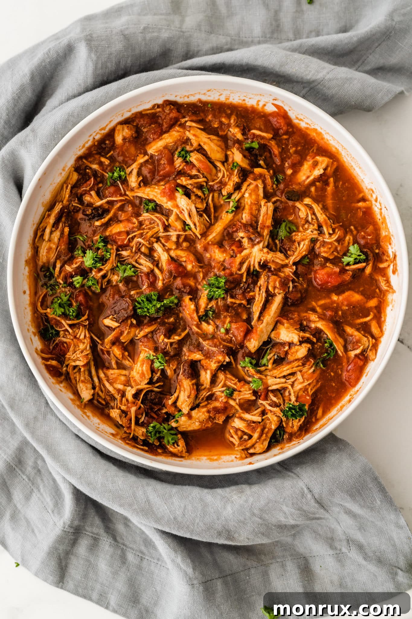 chicken tinga in a bowl ready to serve.