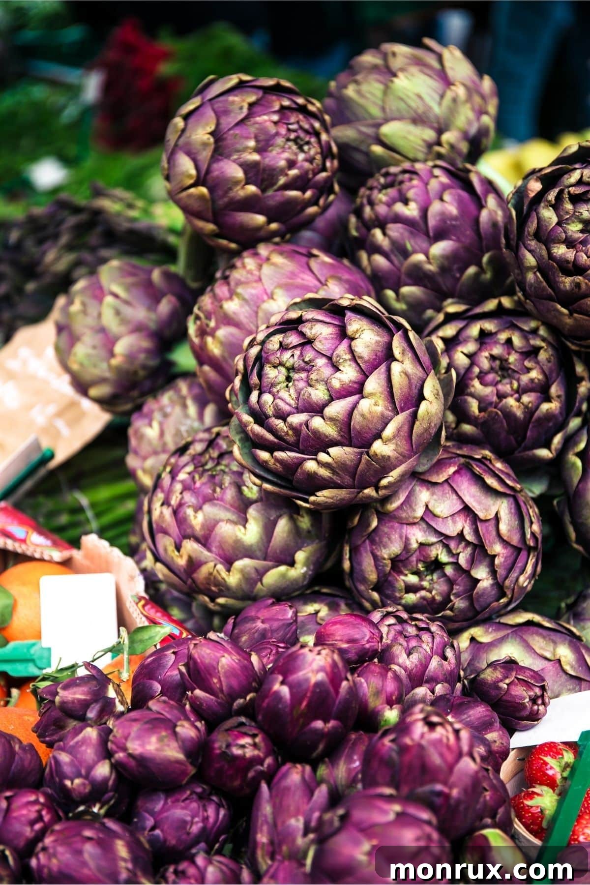 A cluster of raw purple artichokes, showing their tightly closed leaves and unique shape.