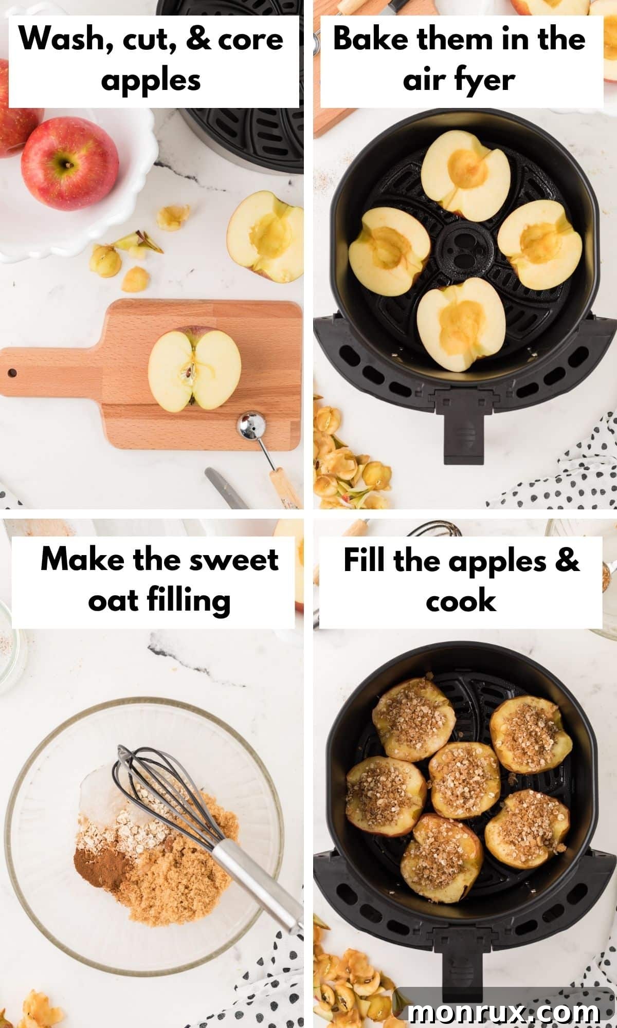 A collage demonstrating the steps to make air fryer baked apples with oat filling.