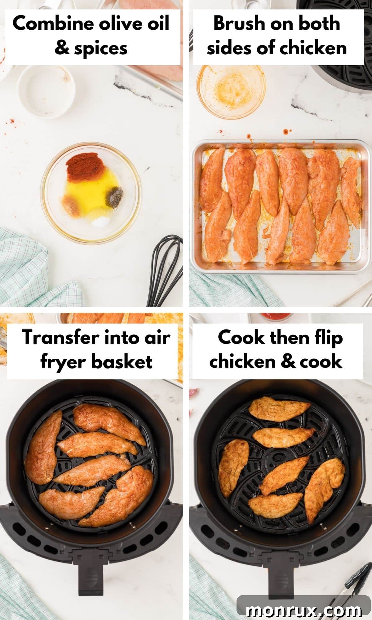 A visual guide showing chicken tenders being seasoned and placed into an air fryer basket.