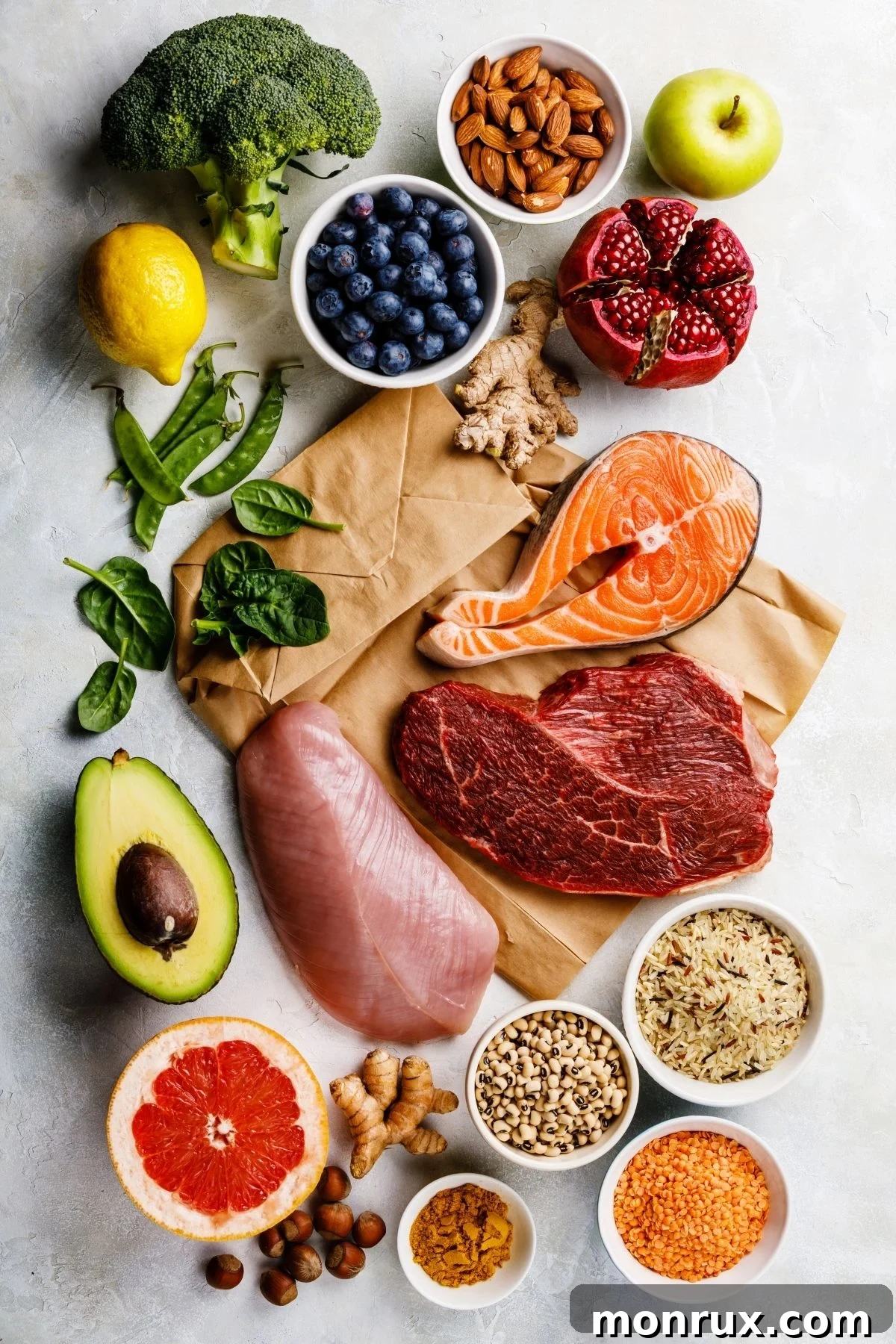 Fresh fruits, vegetables, and raw meat on a counter, symbolizing the abundance of healthy, affordable ingredients.