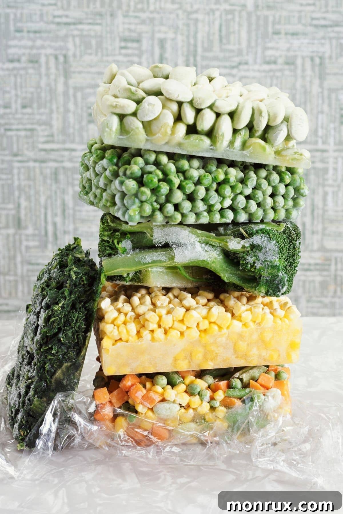 Assortment of colorful frozen vegetables stacked, highlighting their convenience and accessibility.