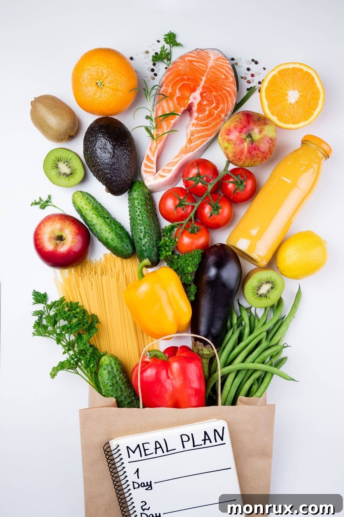 Fresh fruits and vegetables laid out, ready for meal planning, symbolizing organization and healthy choices.