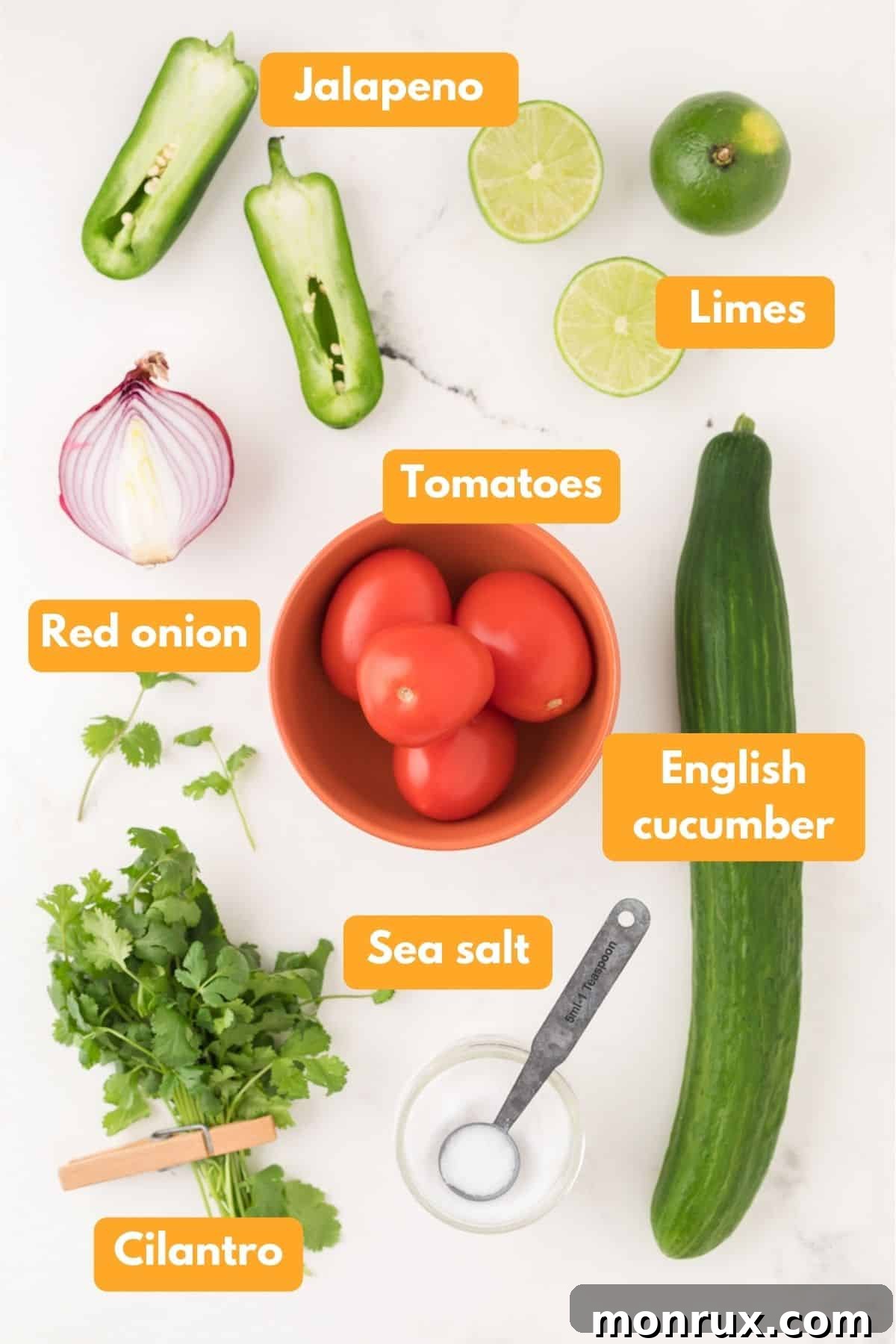 Fresh ingredients laid out for cucumber pico de gallo: tomatoes, cucumber, jalapeño, cilantro, red onion, limes