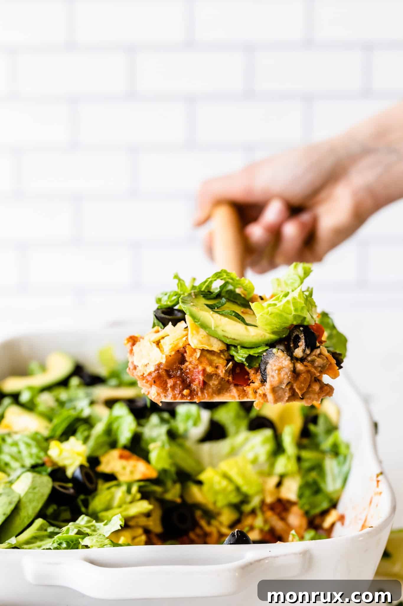 A slice of vegan taco casserole