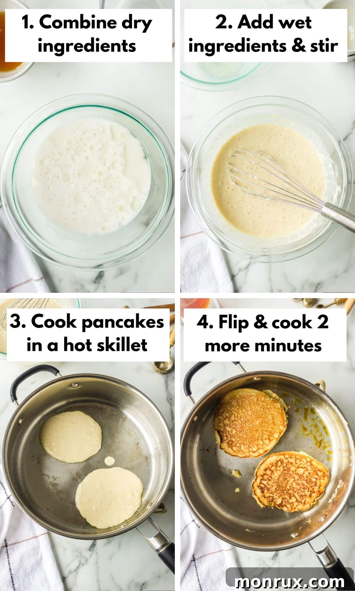 A photo collage showing the step-by-step process of making coconut milk pancakes in a skillet.