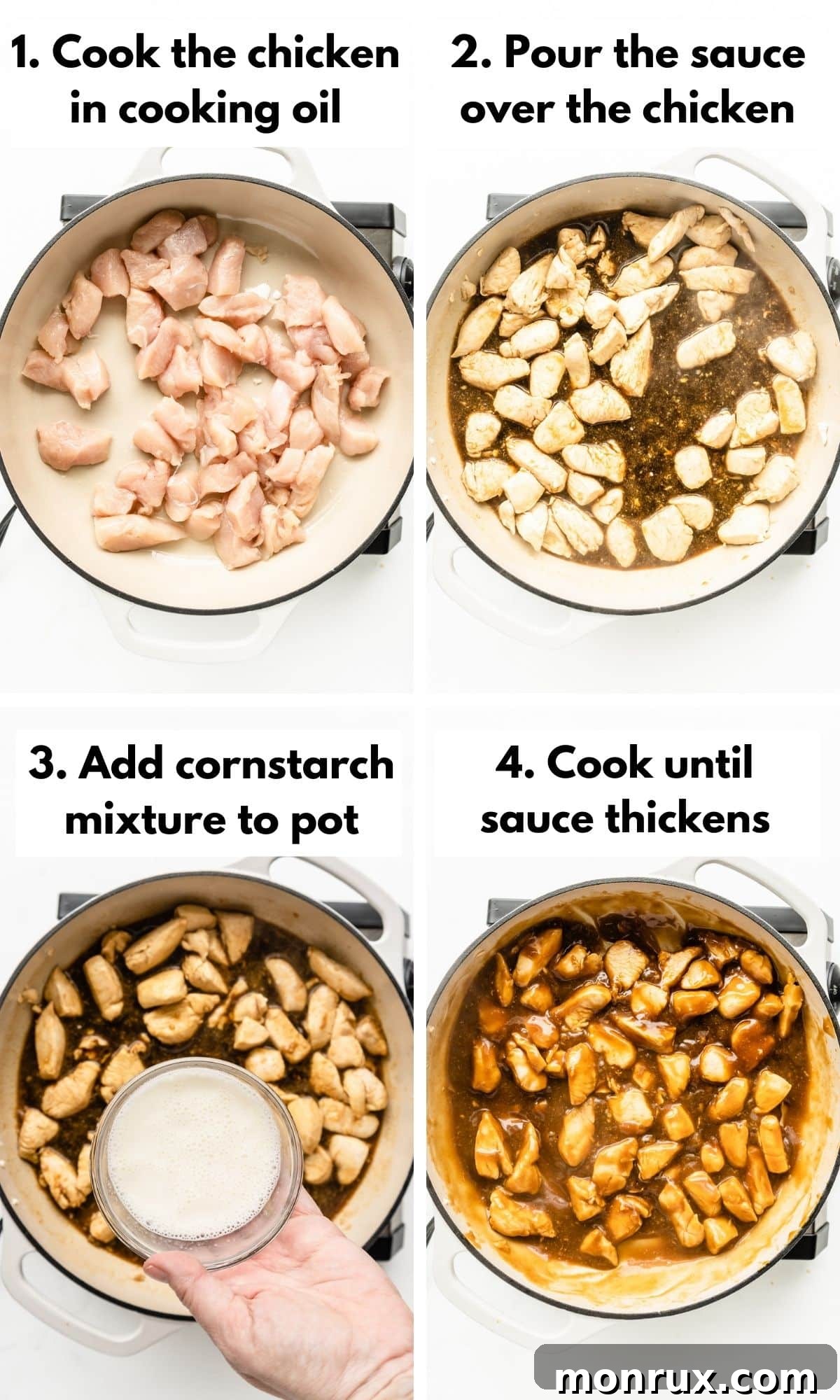 Four sequential images showing how to prepare gluten-free chicken teriyaki in a skillet