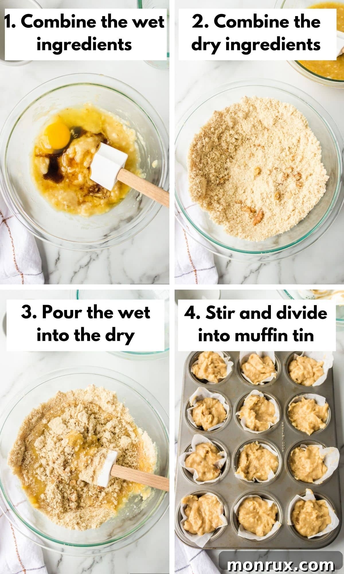A step-by-step visual guide showing the process of mixing wet and dry ingredients for almond flour banana muffins.