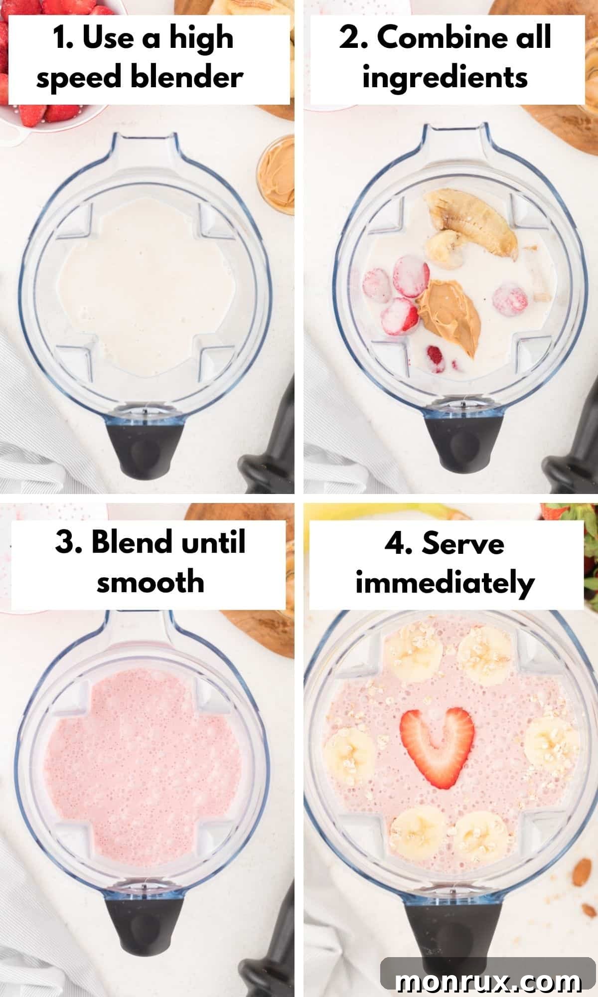 A photo collage illustrating the process of making an oat milk strawberry banana smoothie, from ingredients to blending.