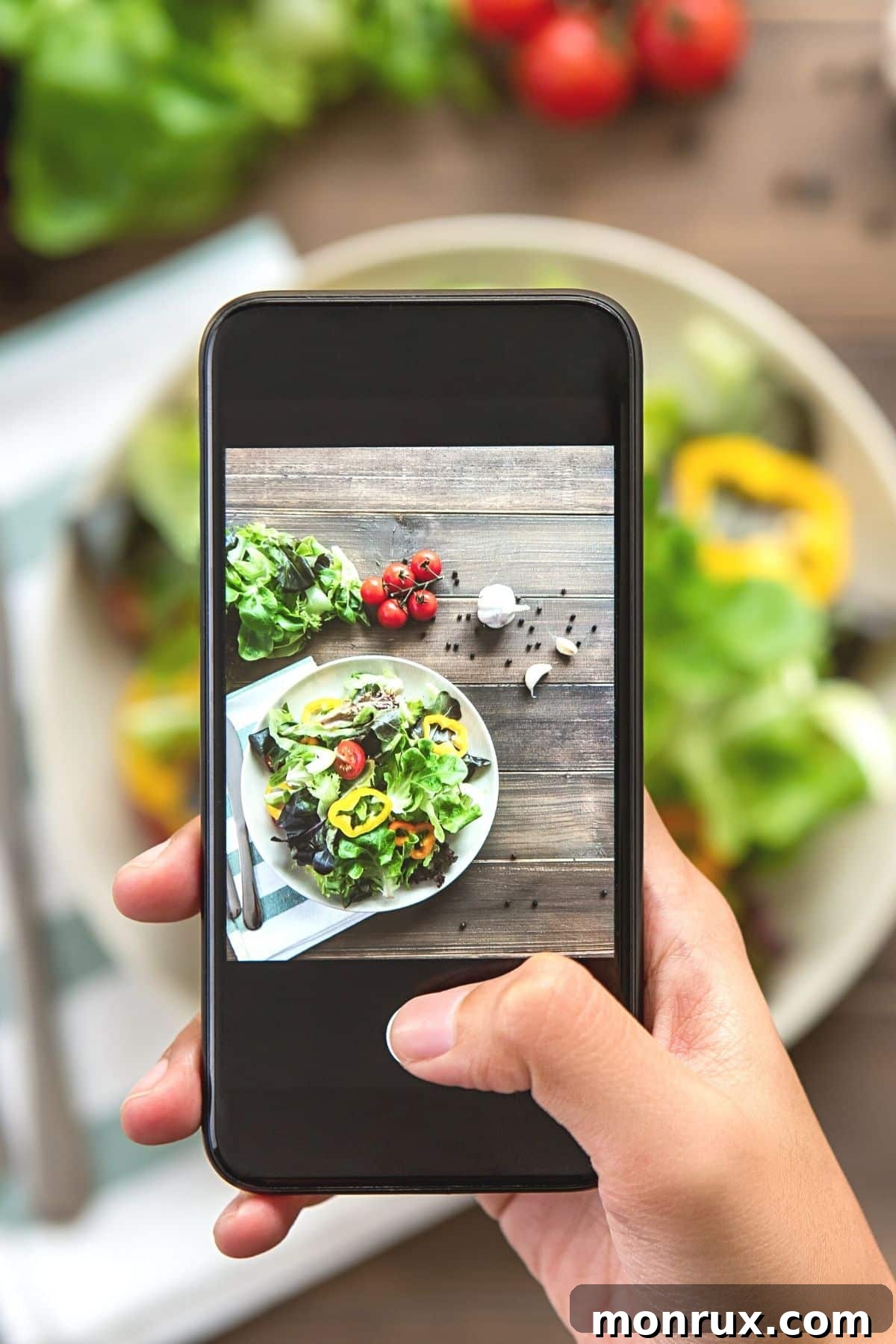 A person taking a picture of a fresh, colorful salad with a phone, highlighting the appeal of healthy food photography.