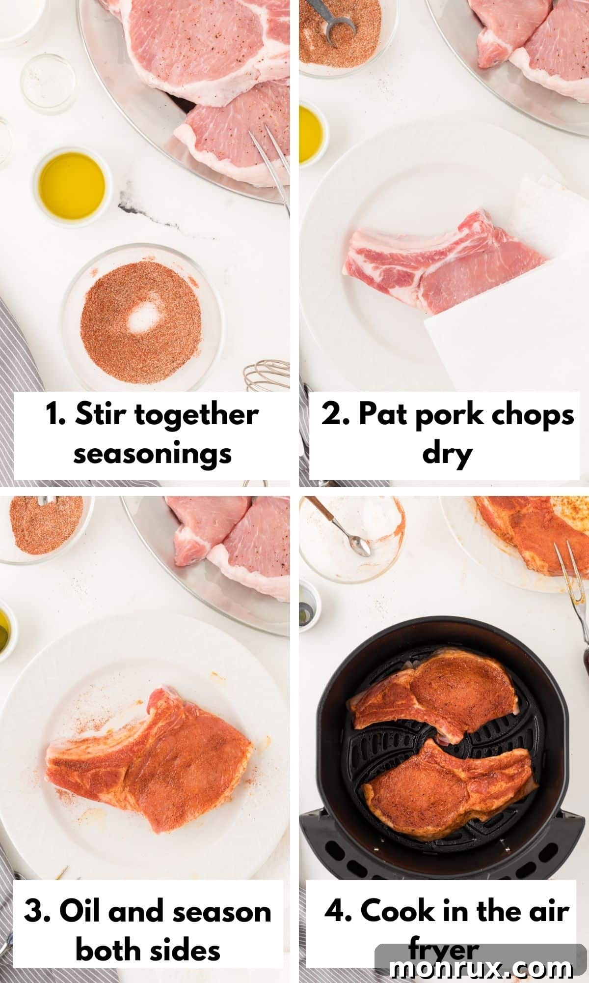 A four-photo collage demonstrating the cooking steps for air fryer pork chops.
