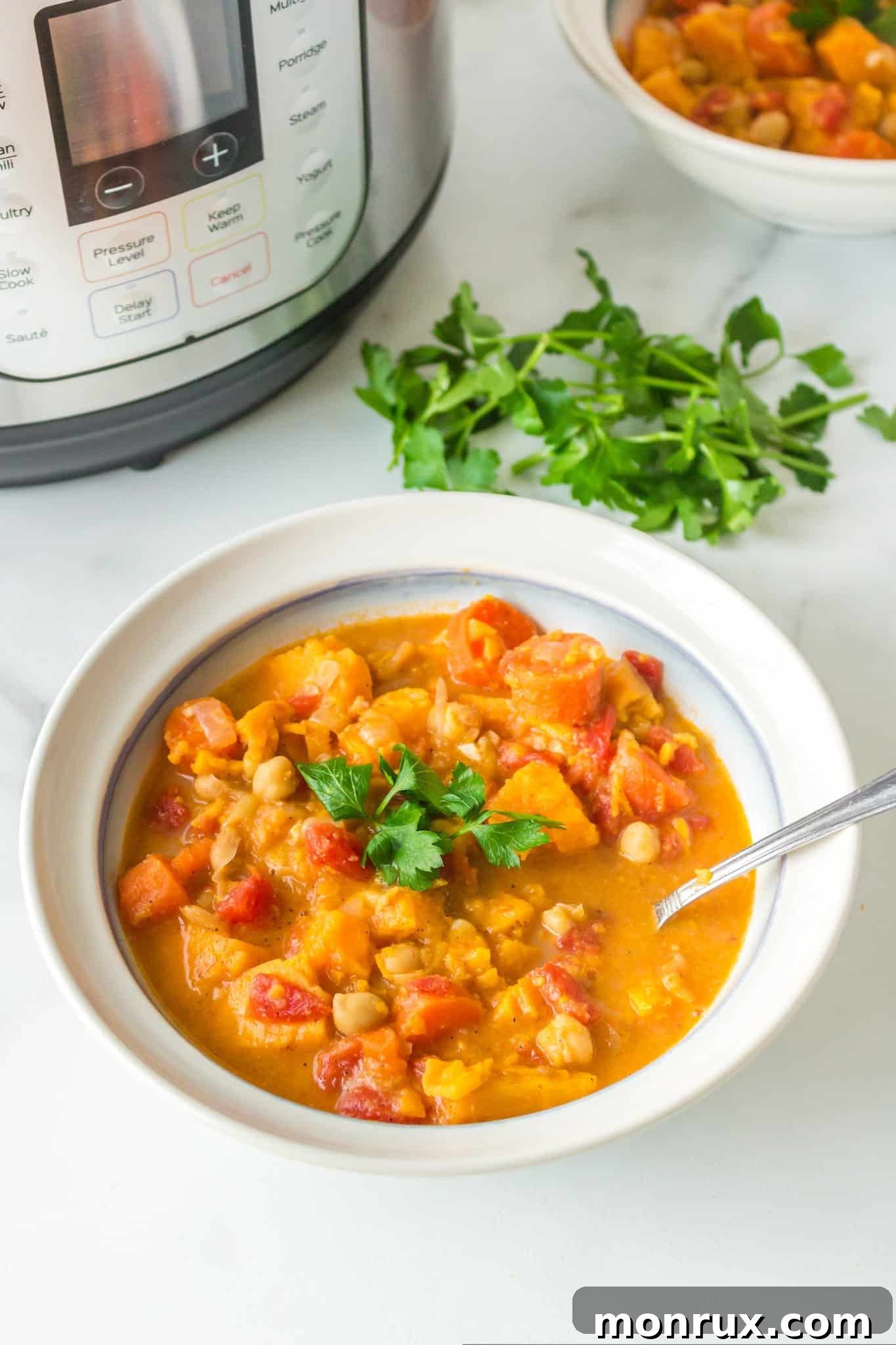 A vibrant bowl of Moroccan-inspired Instant Pot vegan stew, generously topped with fresh parsley, ready to be served.