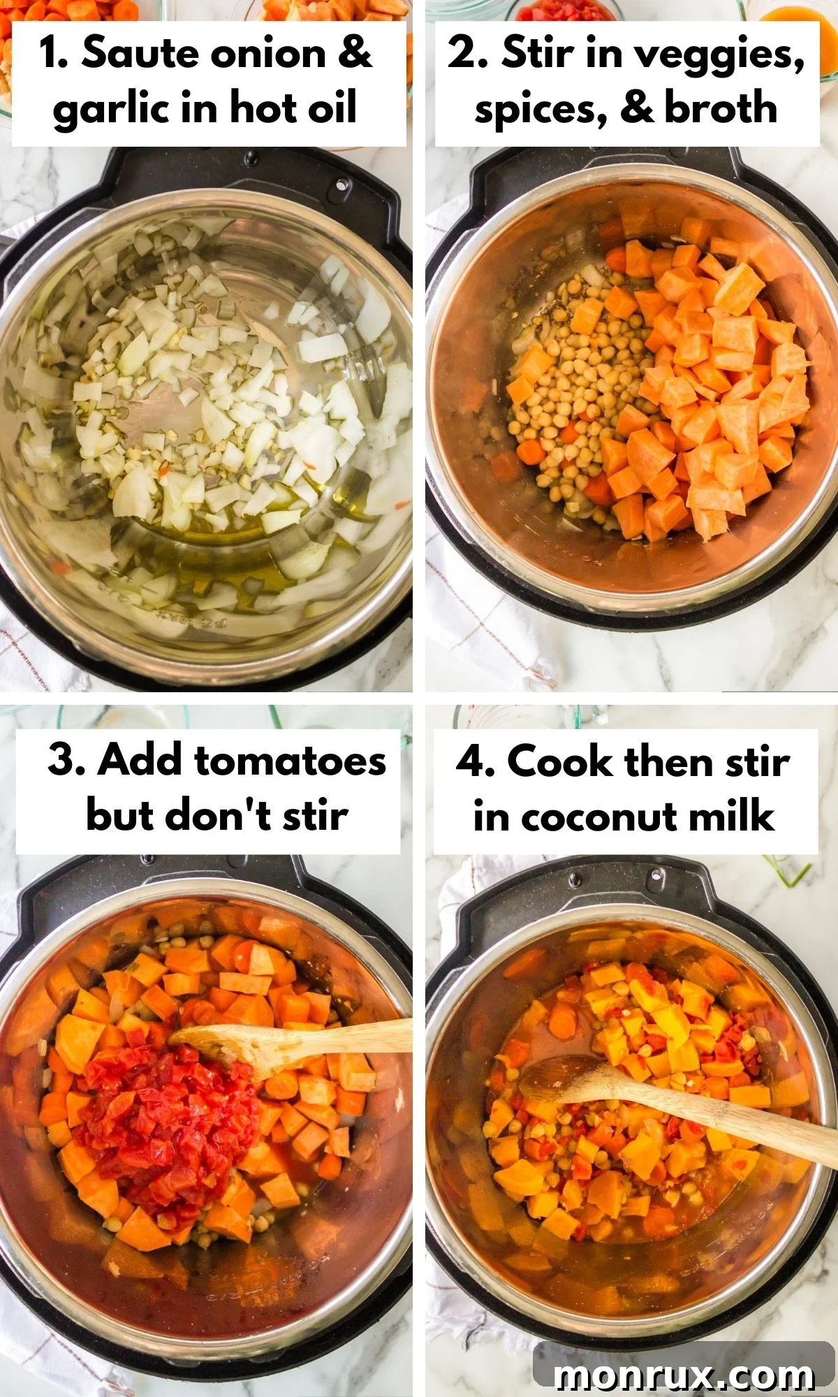A visual collage showing the step-by-step process of preparing the Instant Pot vegan chickpea stew, from sautéing to finished product.