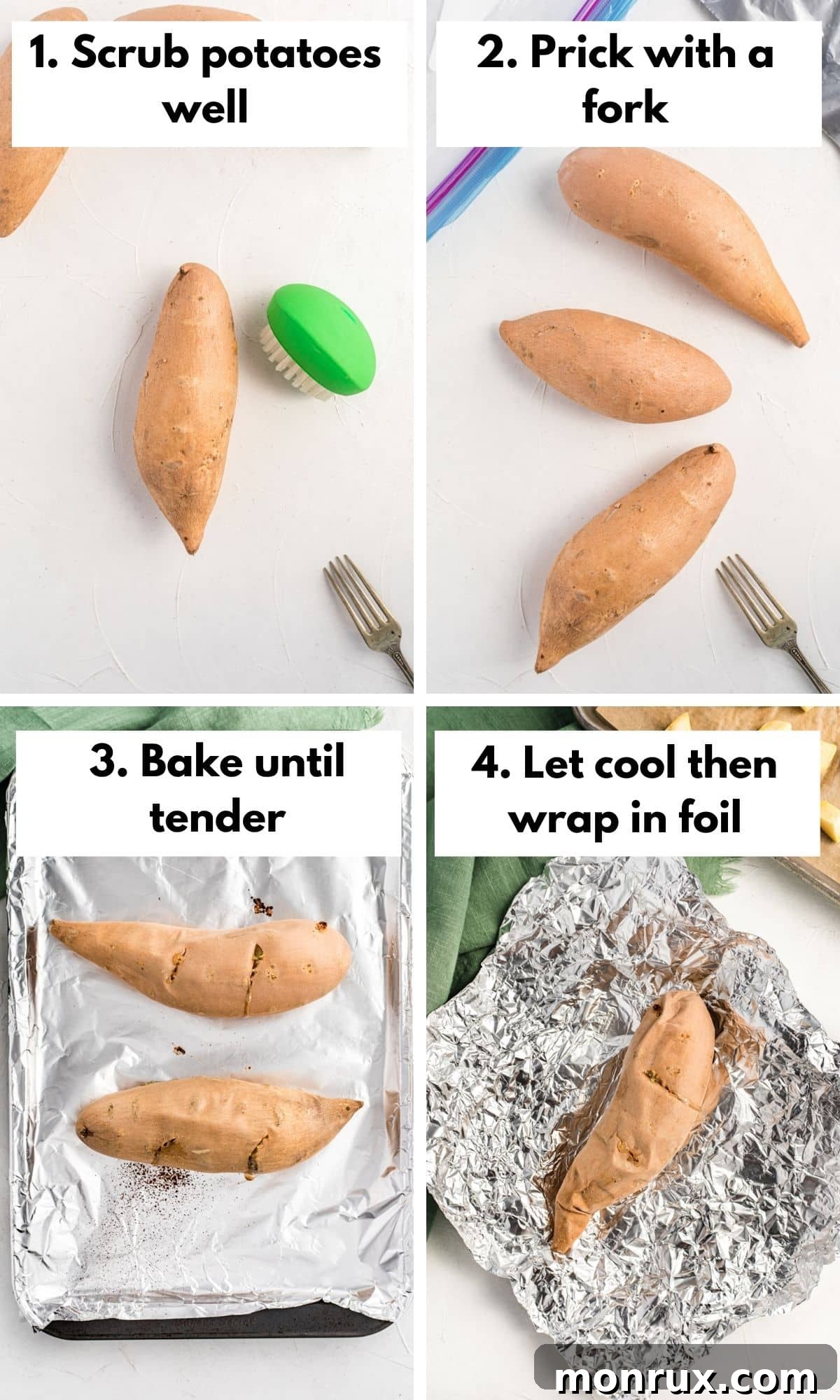 Collage showing the process of freezing whole baked sweet potatoes: scrubbing, baking, cooling, and wrapping in foil.