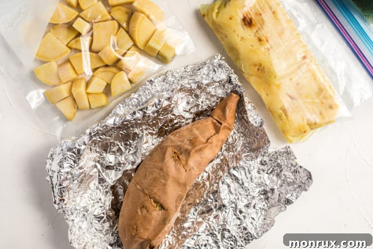 Cooked sweet potatoes shown whole, diced, and mashed, ready for freezing.