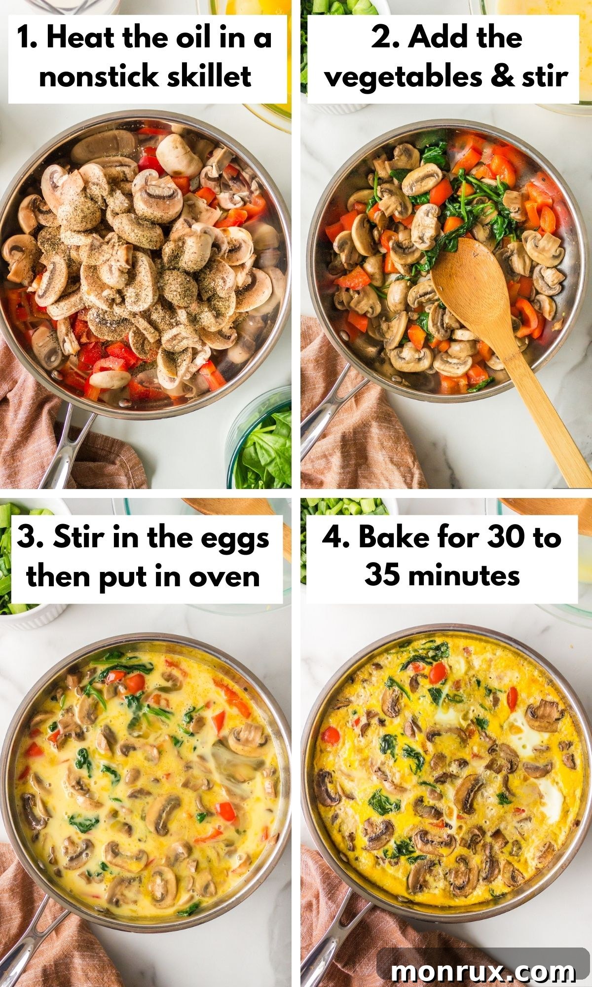 Four images showing the step-by-step process of making a gluten and dairy-free vegetable frittata.
