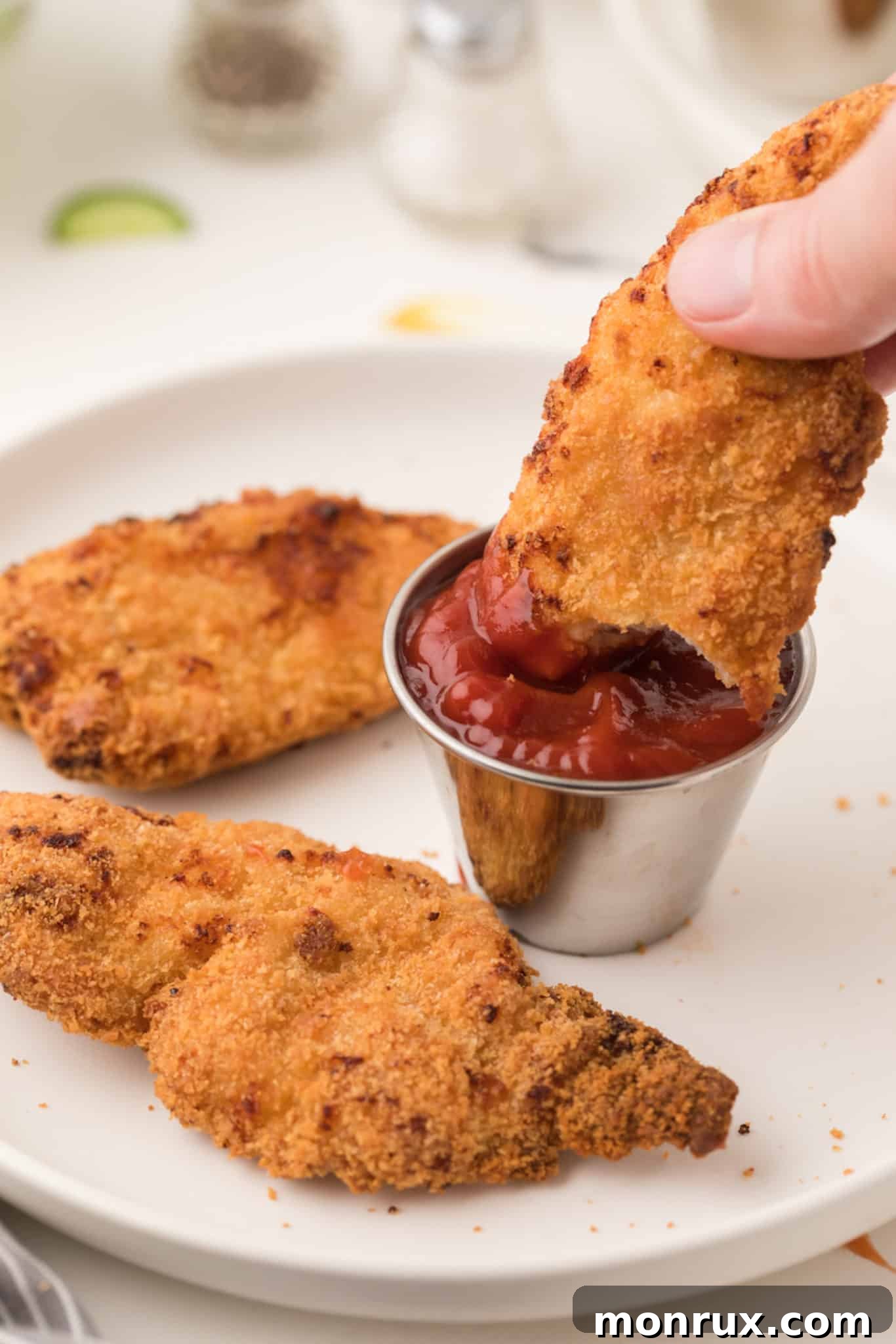 Dipping a golden-brown air fryer chicken finger into a small bowl of ketchup.