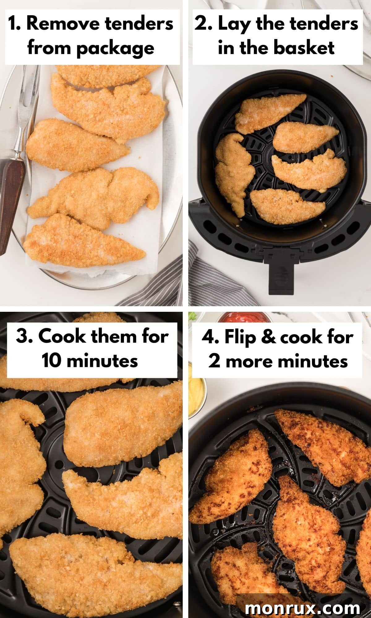 Hand placing frozen chicken tenders into an air fryer basket in a single layer.