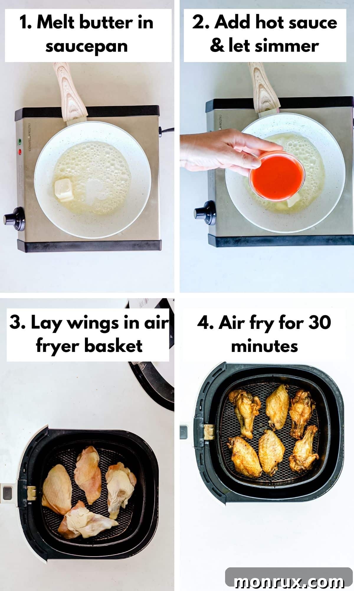 How to make air fryer wings and buffalo sauce, showing placement in air fryer and sauce preparation.