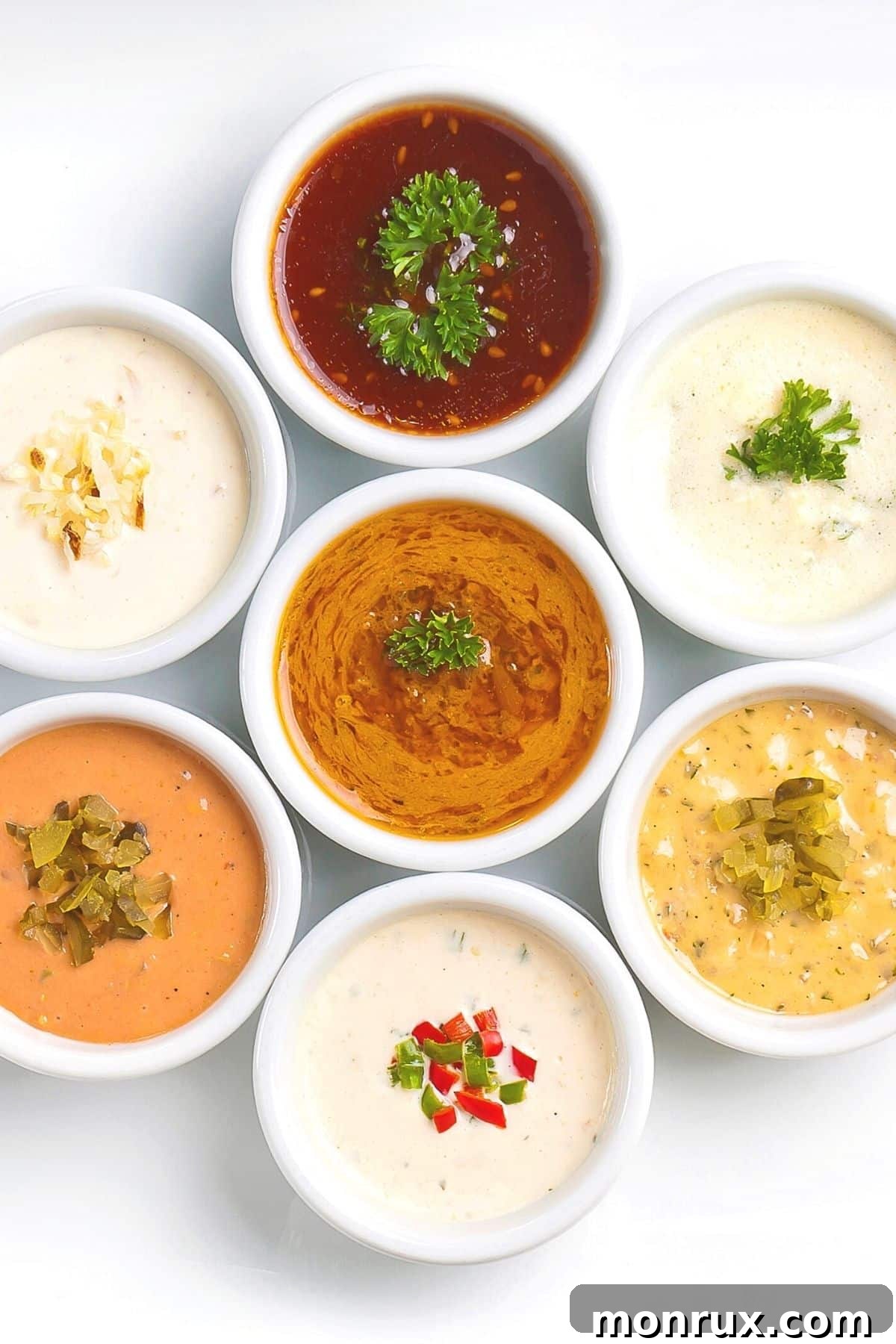 Bowls of different gluten free sauces on table.