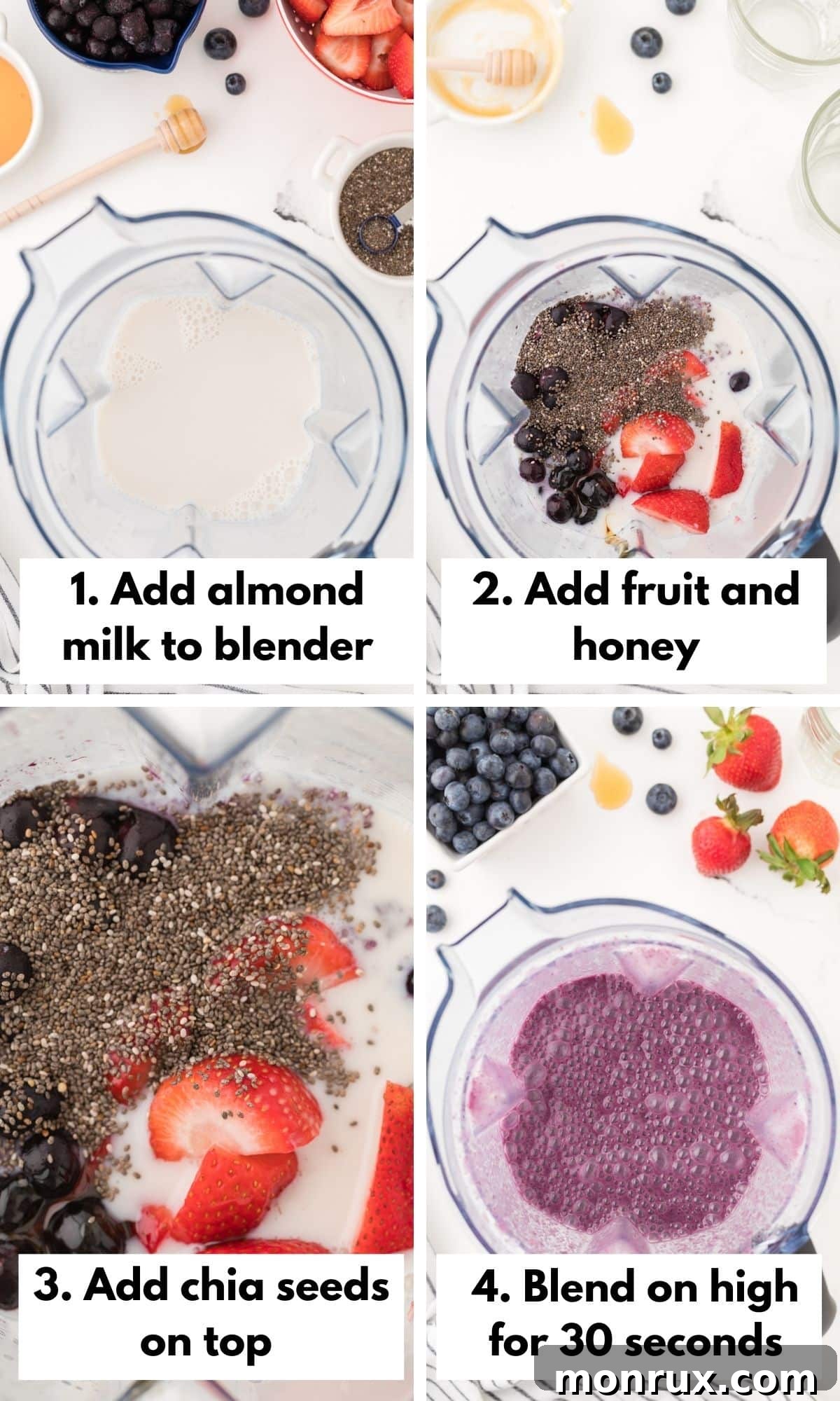 All ingredients are combined in a high-speed blender for the smoothie.