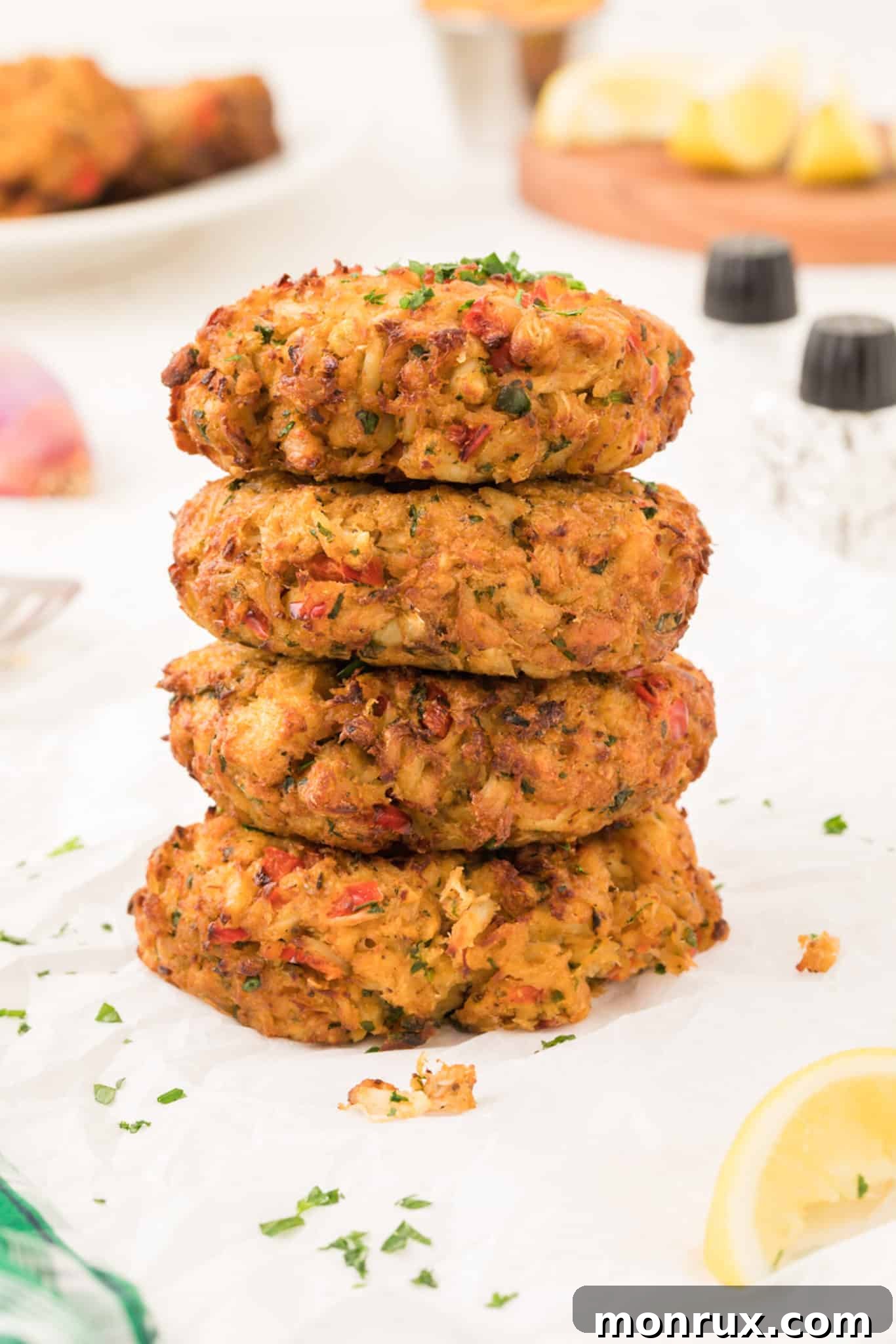 A stack of golden brown air fryer crab cakes, perfectly cooked and ready to serve.