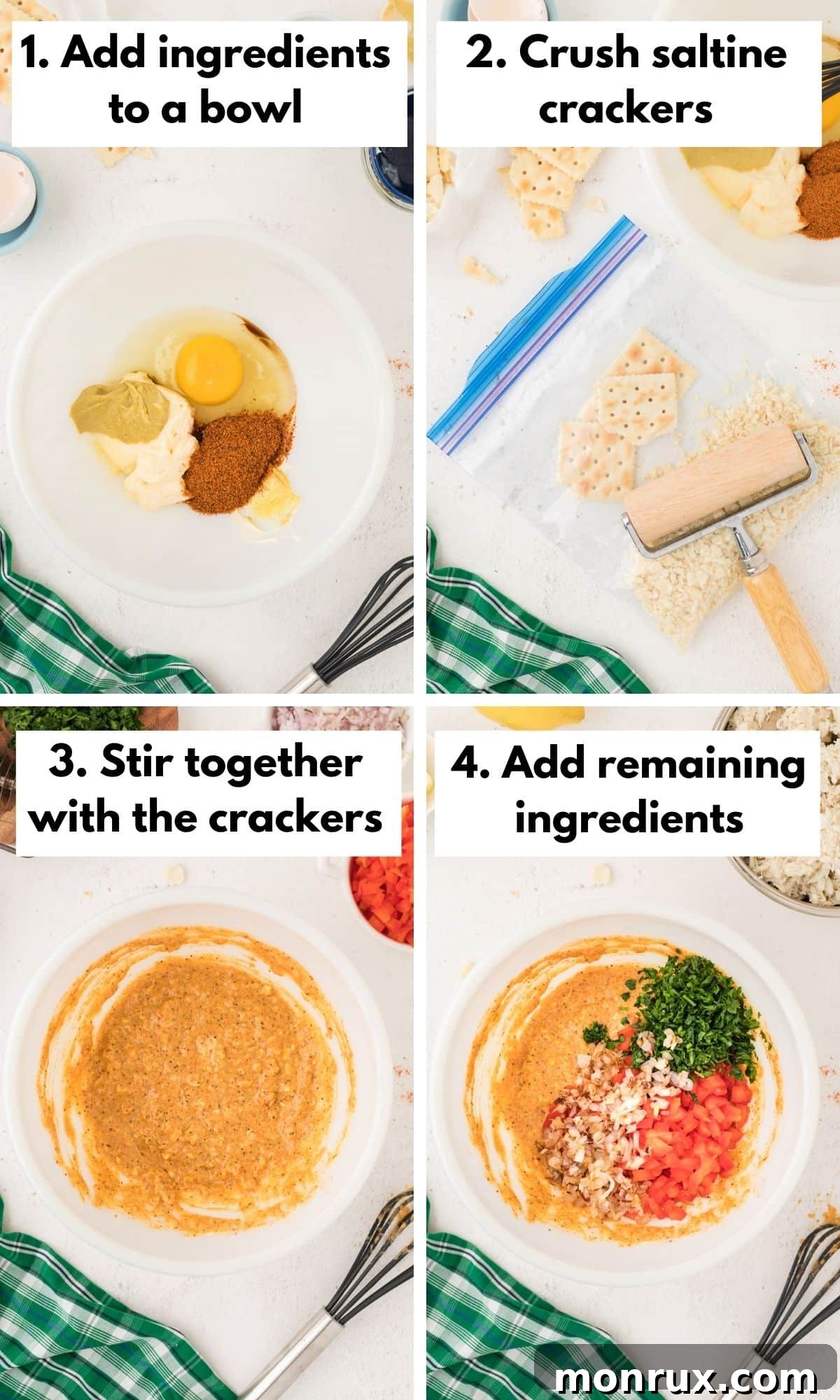 A collage of process photos demonstrating how to prepare air fryer crab cakes.