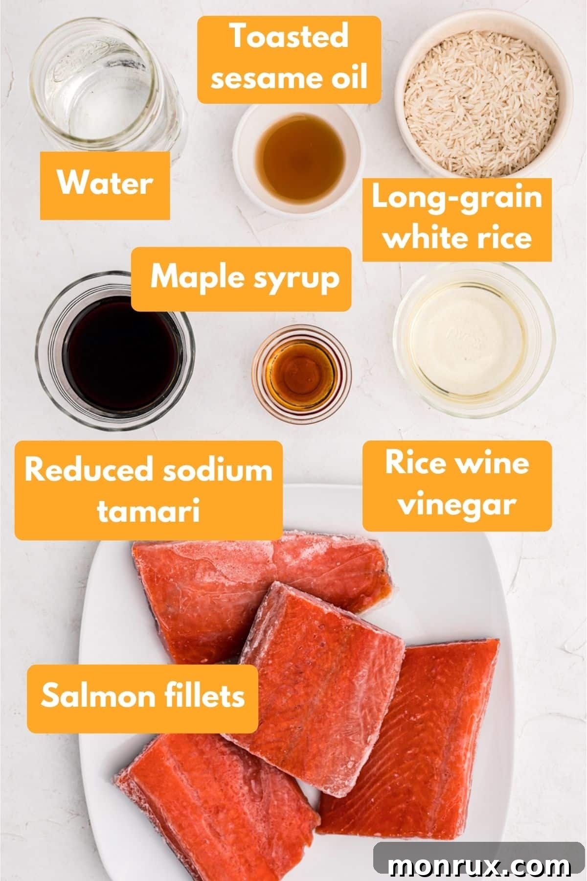 Essential ingredients for Instant Pot salmon and rice, including salmon fillets, long-grain white rice, and teriyaki sauce components.