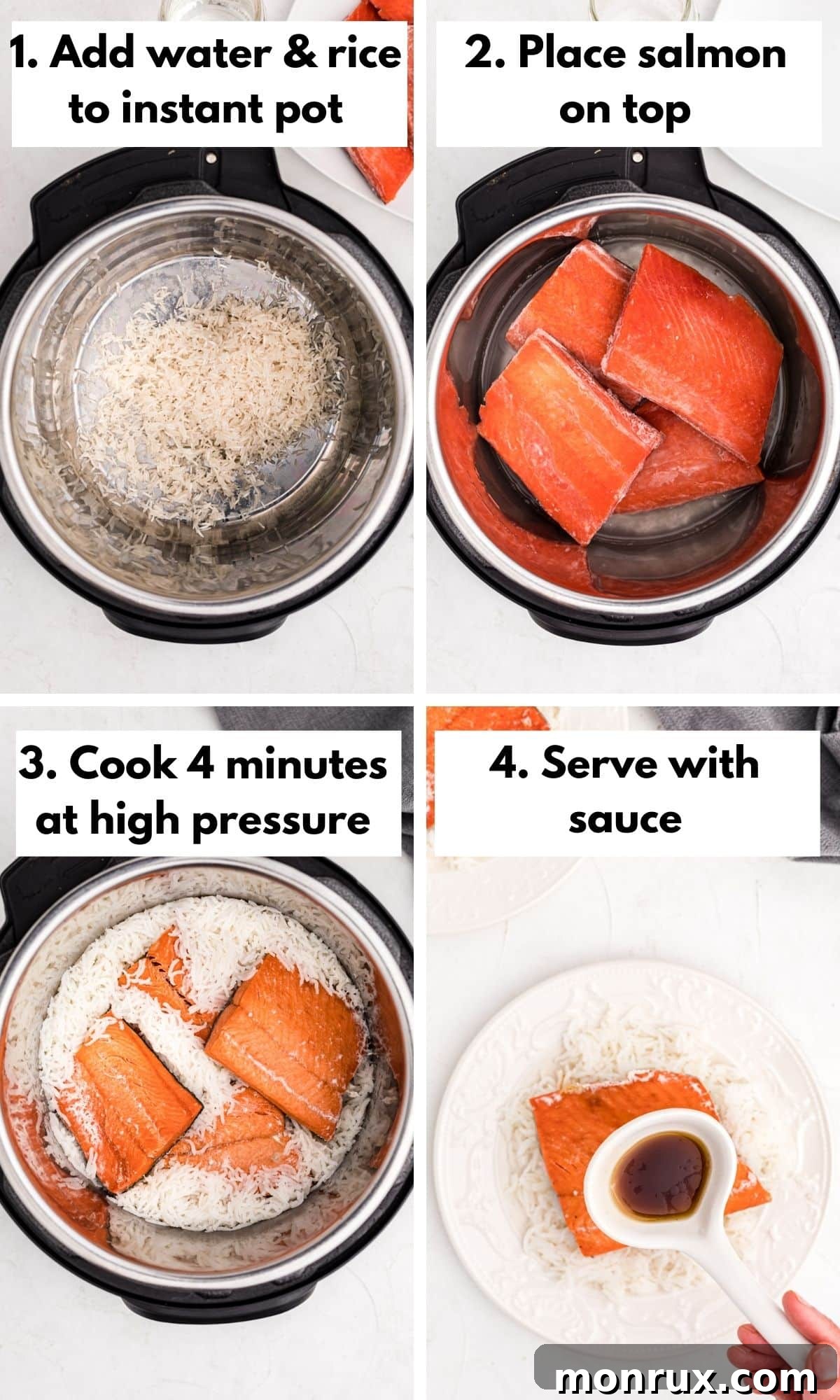 Step-by-step process of preparing Instant Pot teriyaki salmon with rice, showing the salmon fillets placed on rice in the Instant Pot.