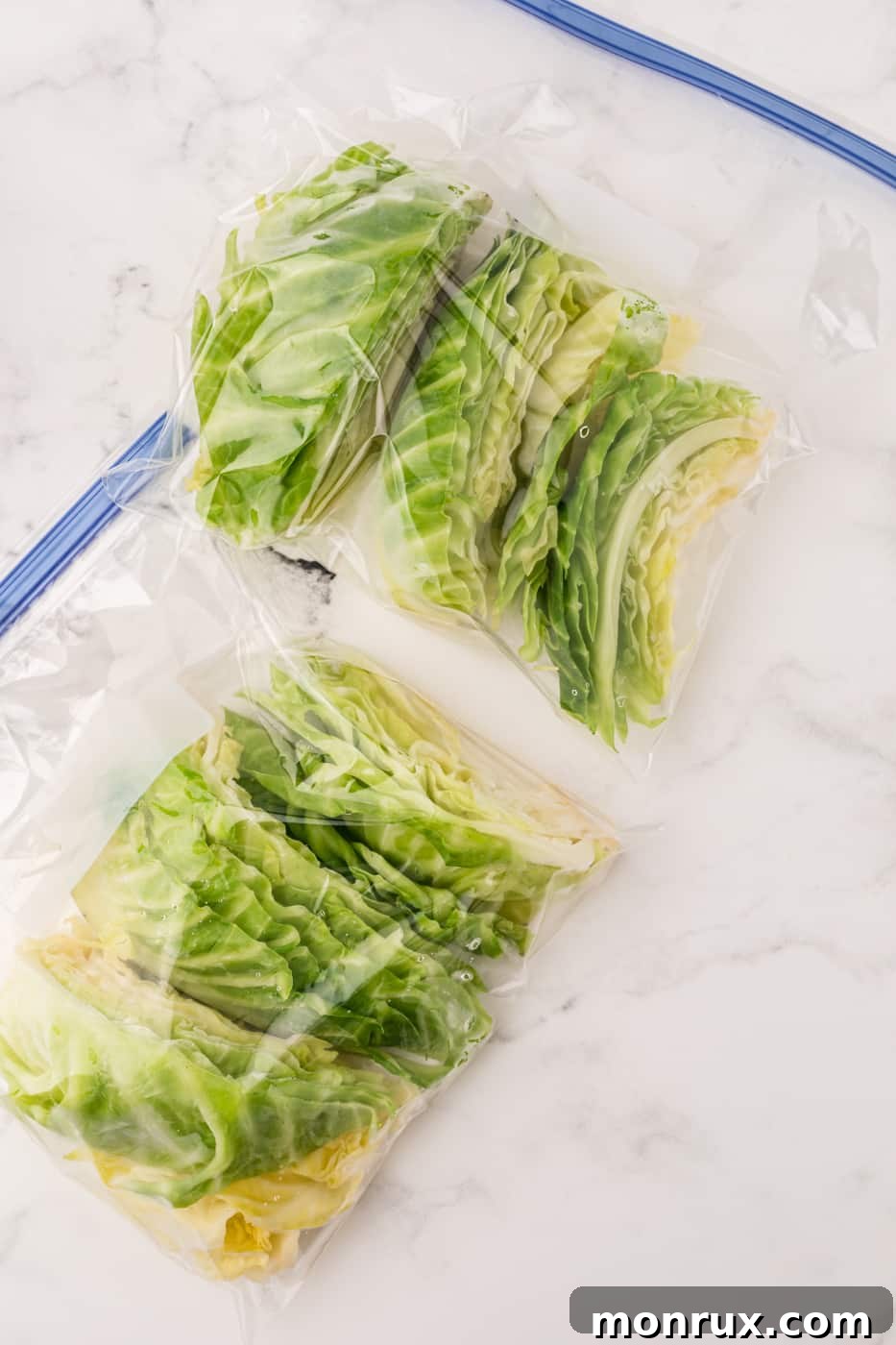 Sliced cabbage that has been frozen in zip-top bags, showcasing organized frozen food storage.