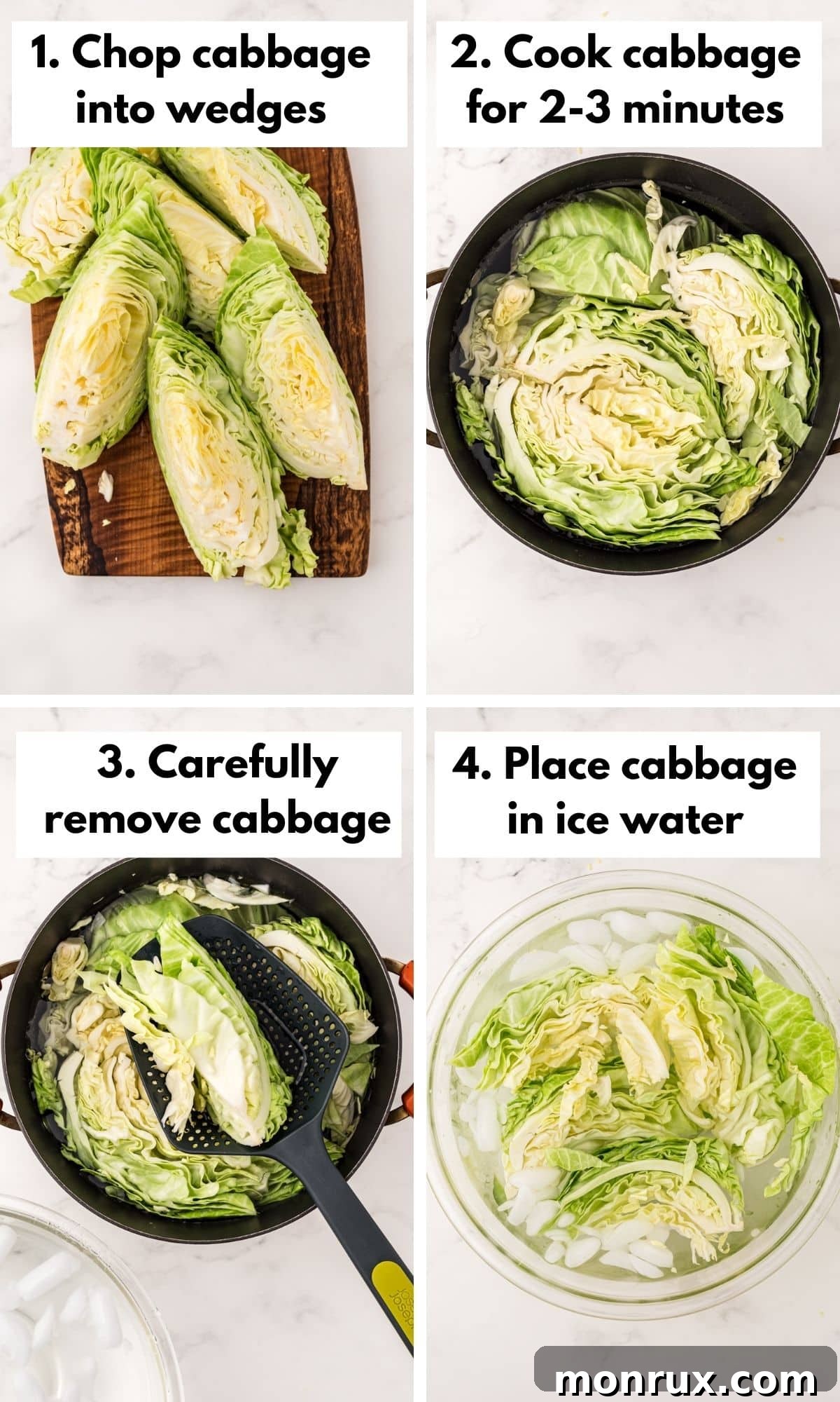 Hands placing chopped cabbage into boiling water for blanching, a key step in preparing it for freezing.