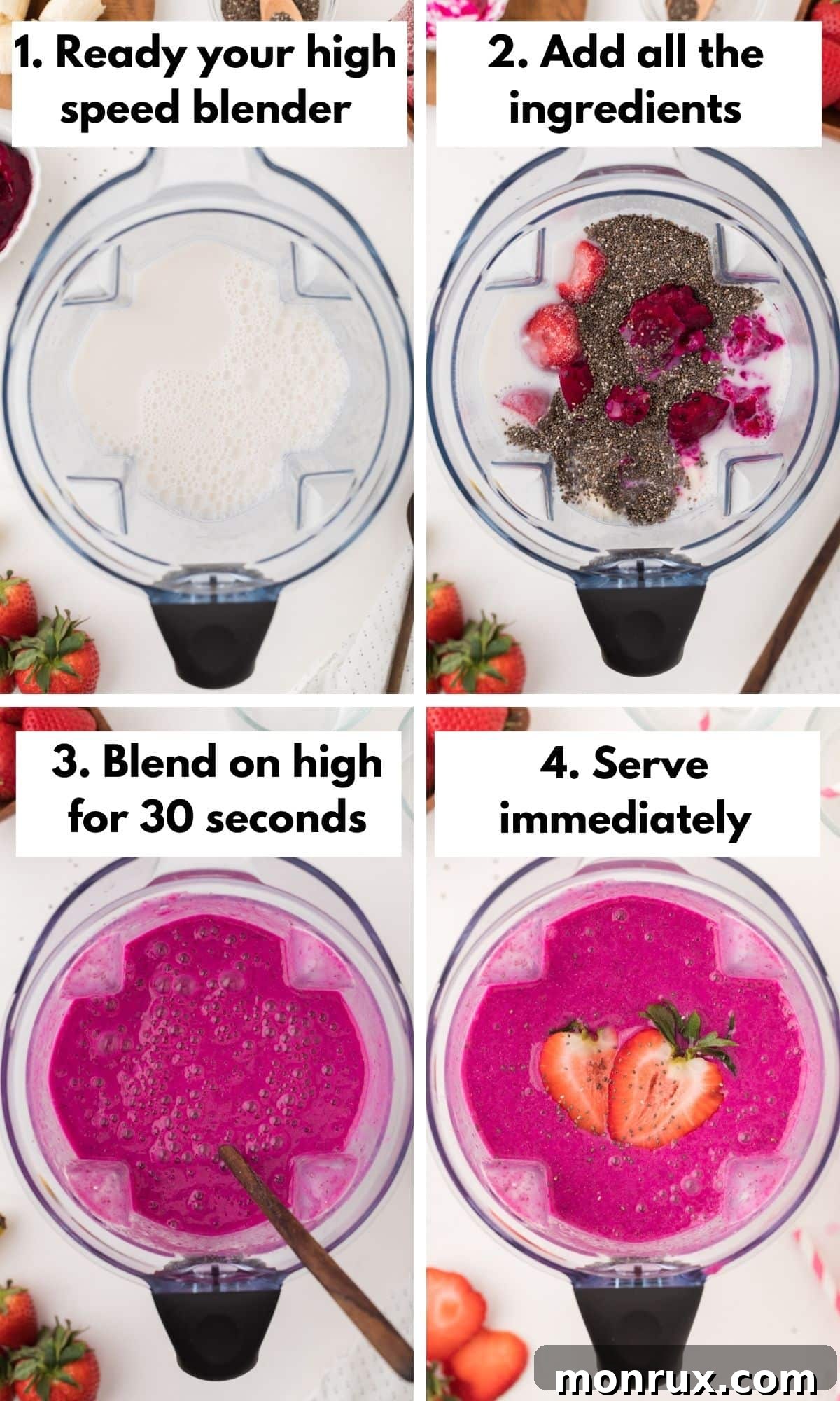 A collage showing four steps to make a dragon fruit smoothie: adding ingredients to a blender, blending, and pouring into a glass.