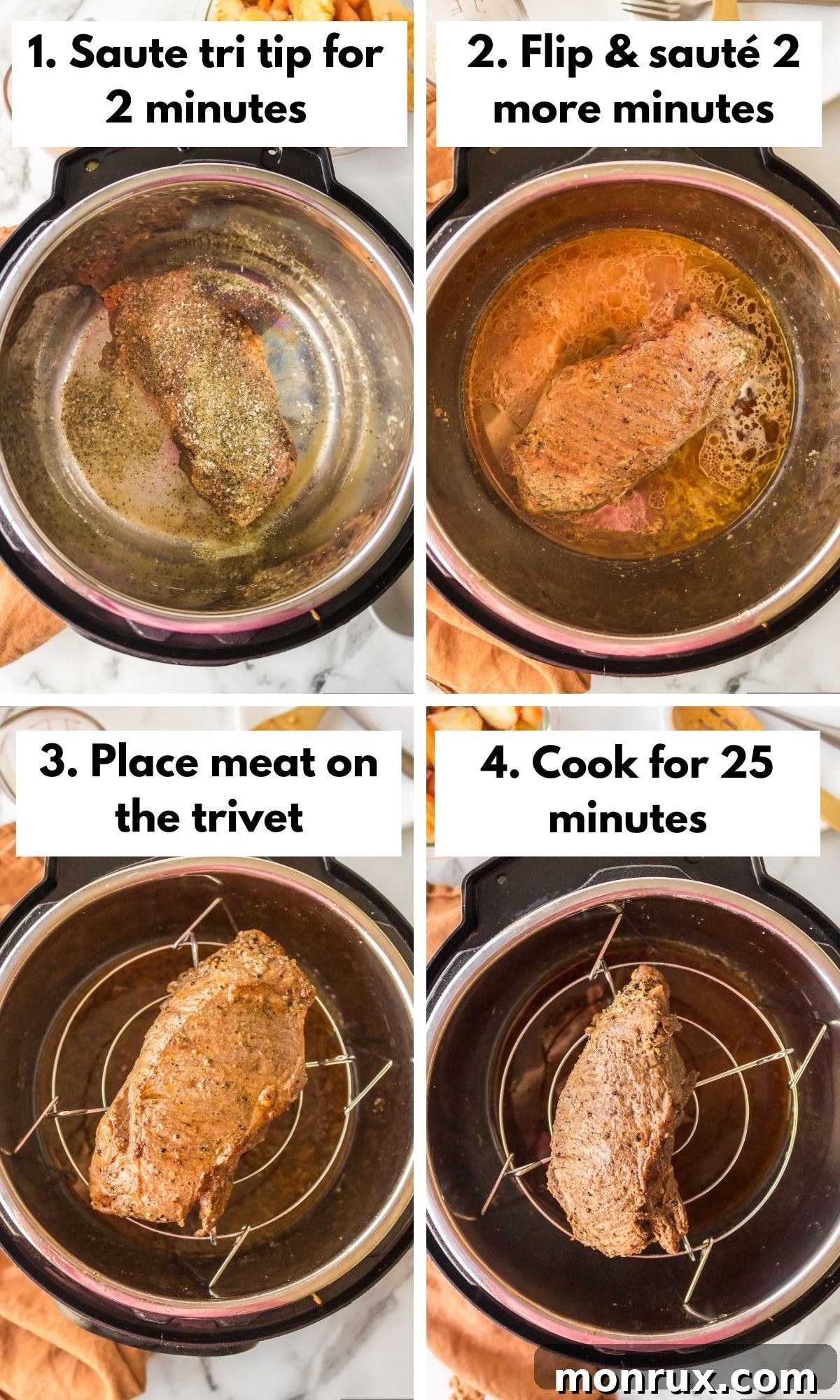 Hands preparing a tri-tip roast, patting it dry and applying seasoning.