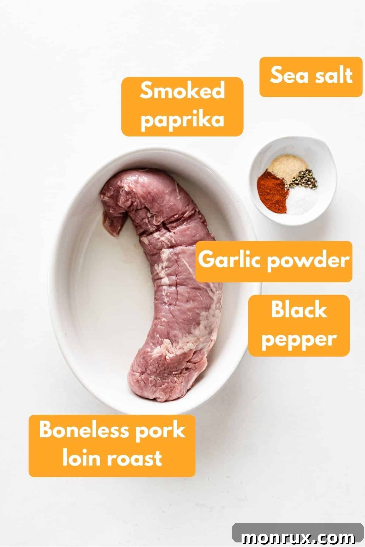 A flat lay photograph showcasing the simple yet essential ingredients needed for a delicious air fryer pork loin.
