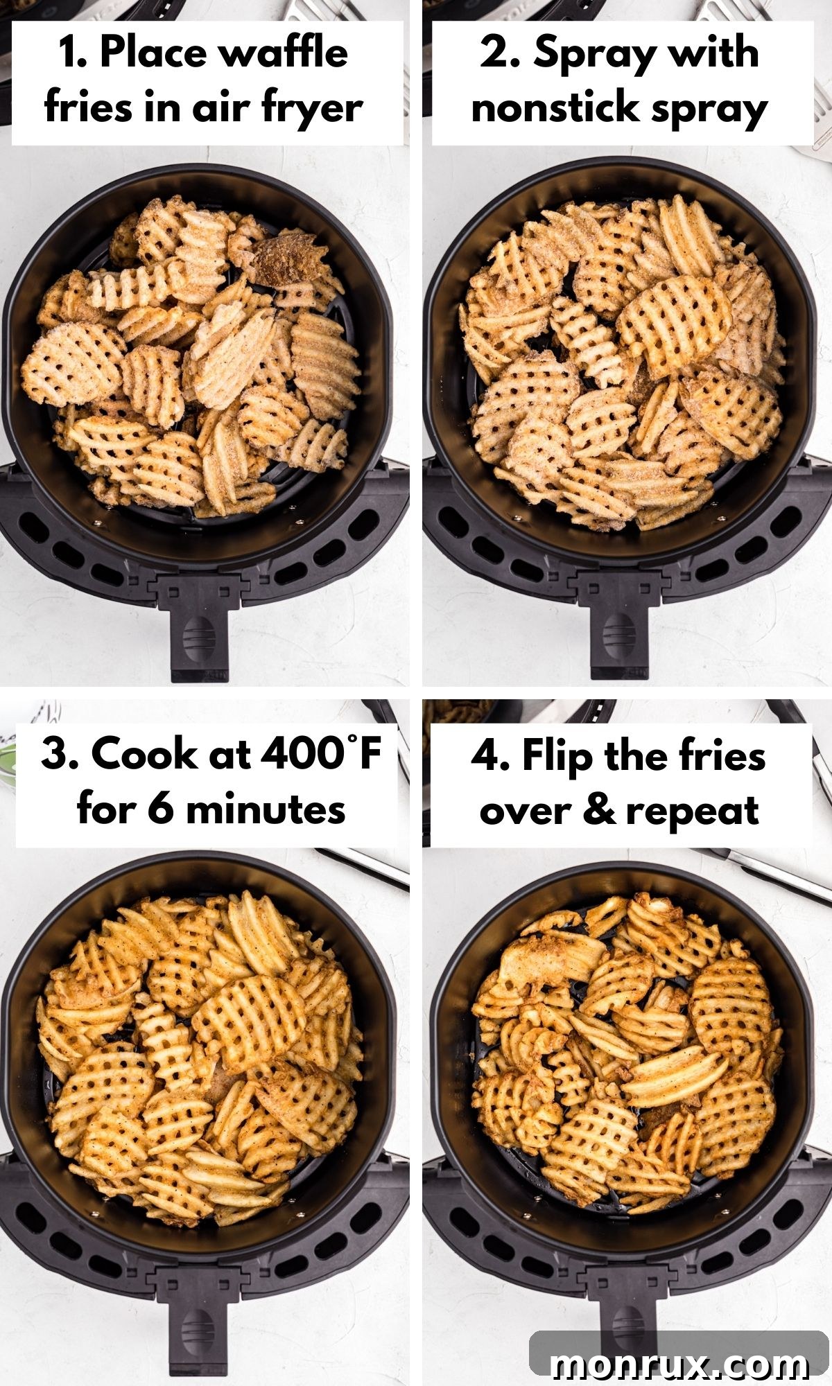 Step-by-step guide showing how to cook frozen waffle fries in an air fryer, illustrating the fries spread in a single layer.