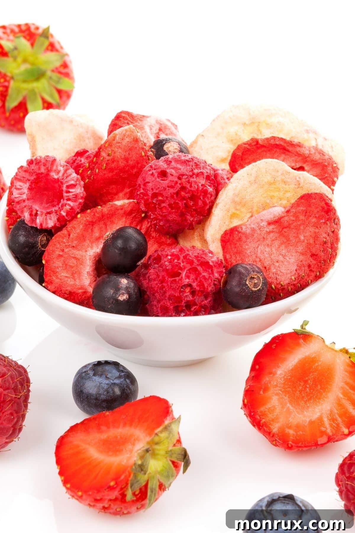 A small bowl filled with an assortment of vibrant freeze-dried berries, offering a light and crispy snack.