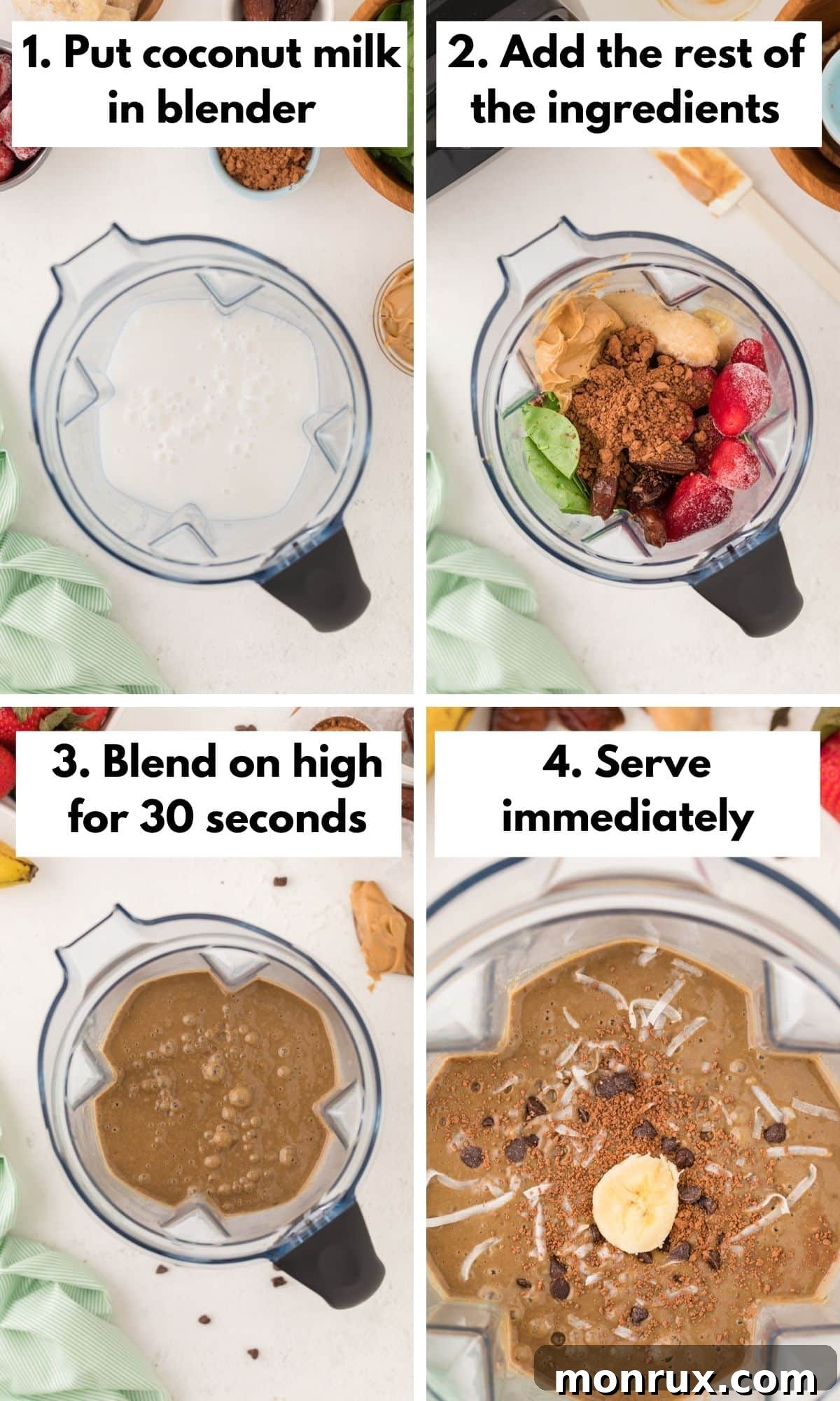 collage with photos on how to make this smoothie recipe.