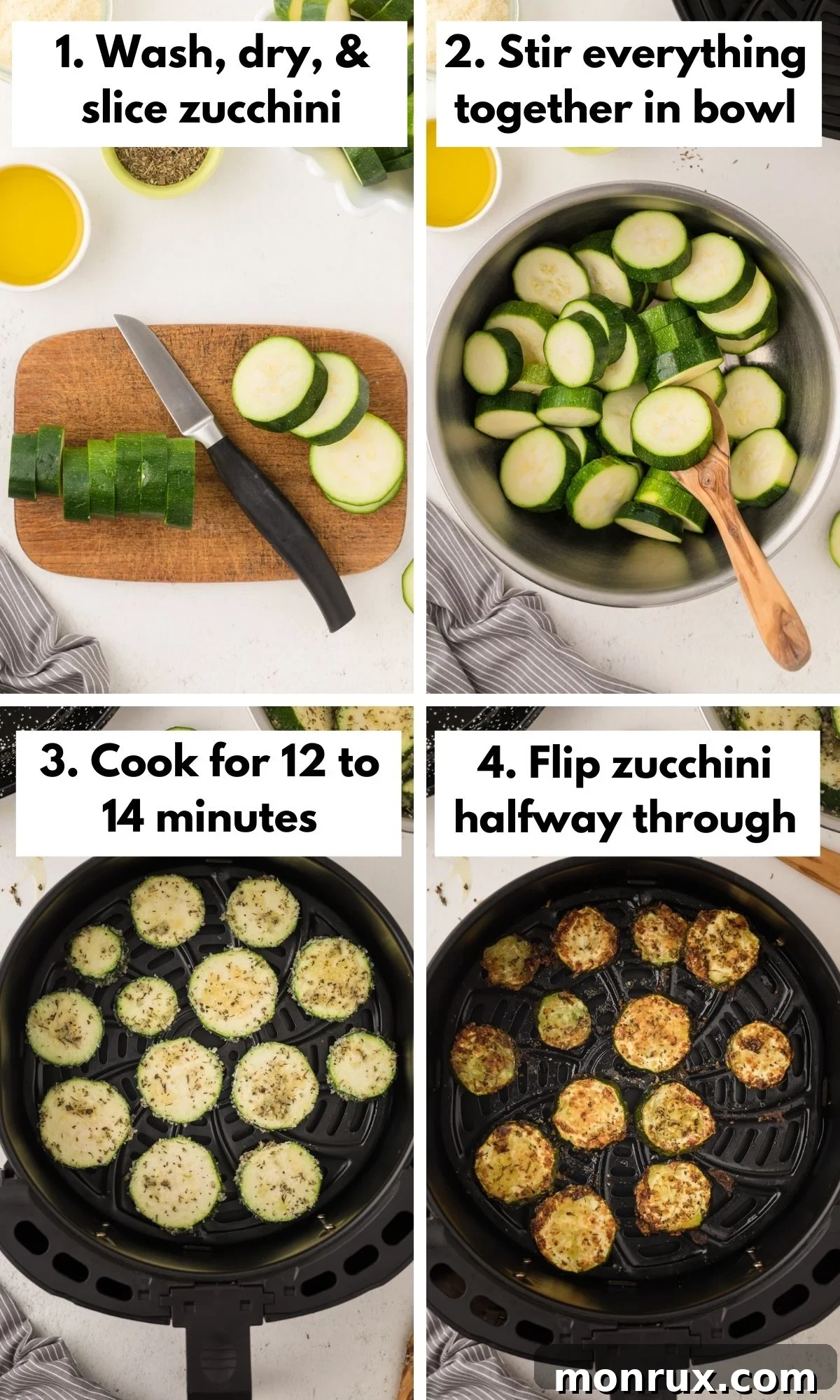 Process shots showing how to make zucchini chips in an air fryer.