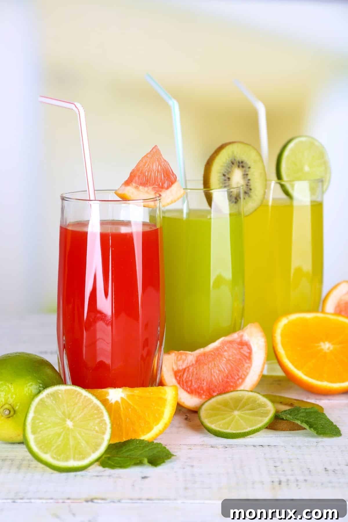 A selection of colorful fresh fruit juices, including green, orange, and red, in elegant glasses on a light-colored table, highlighting variety and health.